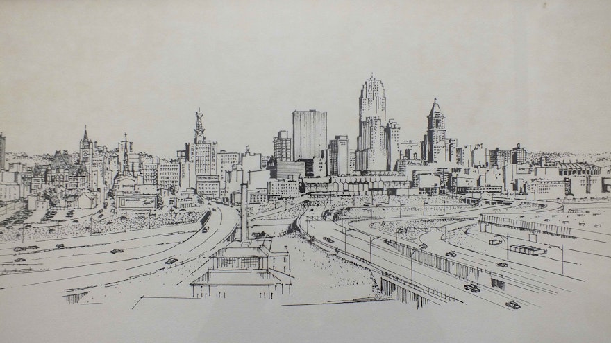Original Pen-Line Drawing of Cincinnati Skyline