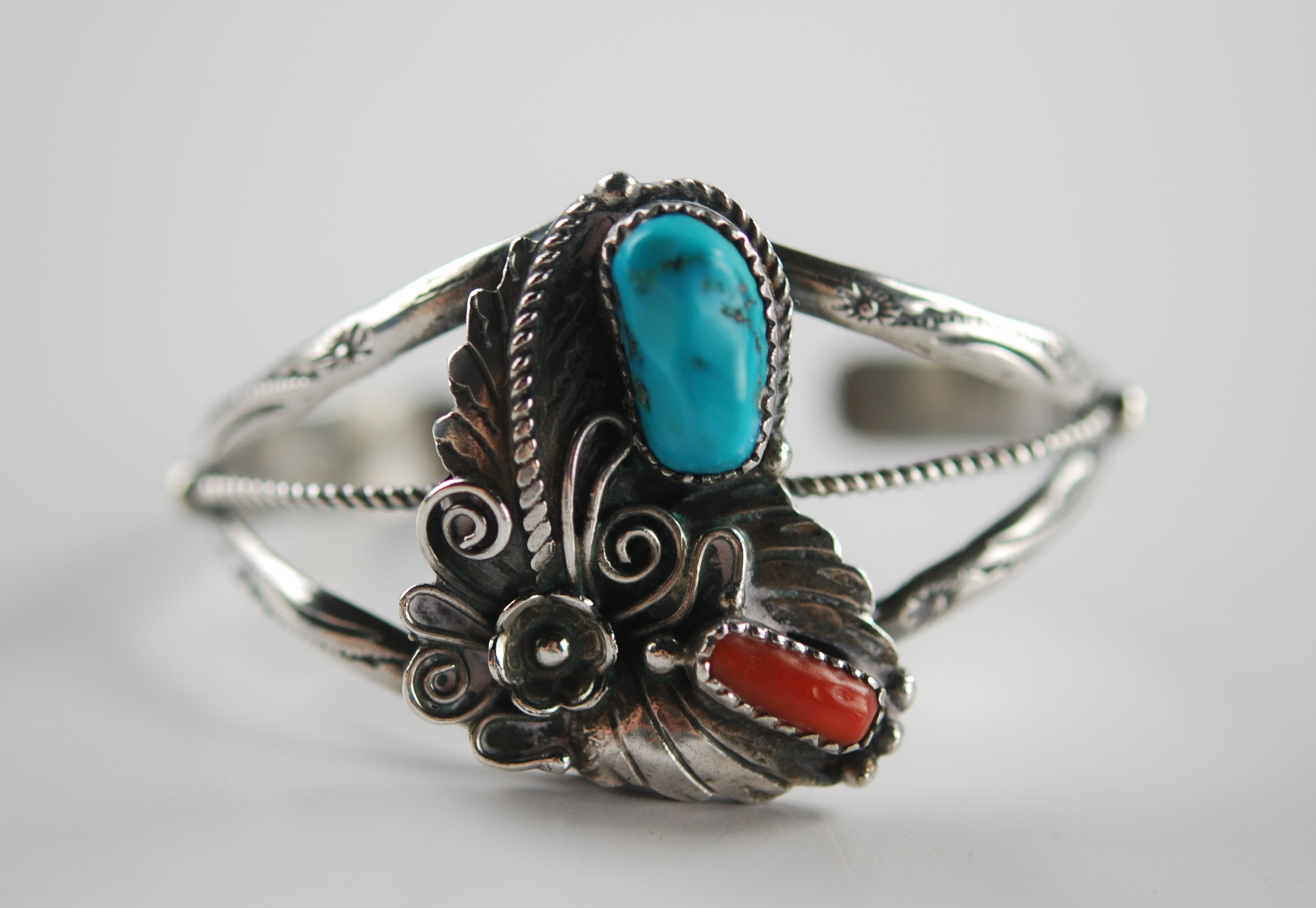 Sterling, Coral, and Turquoise Bracelet
