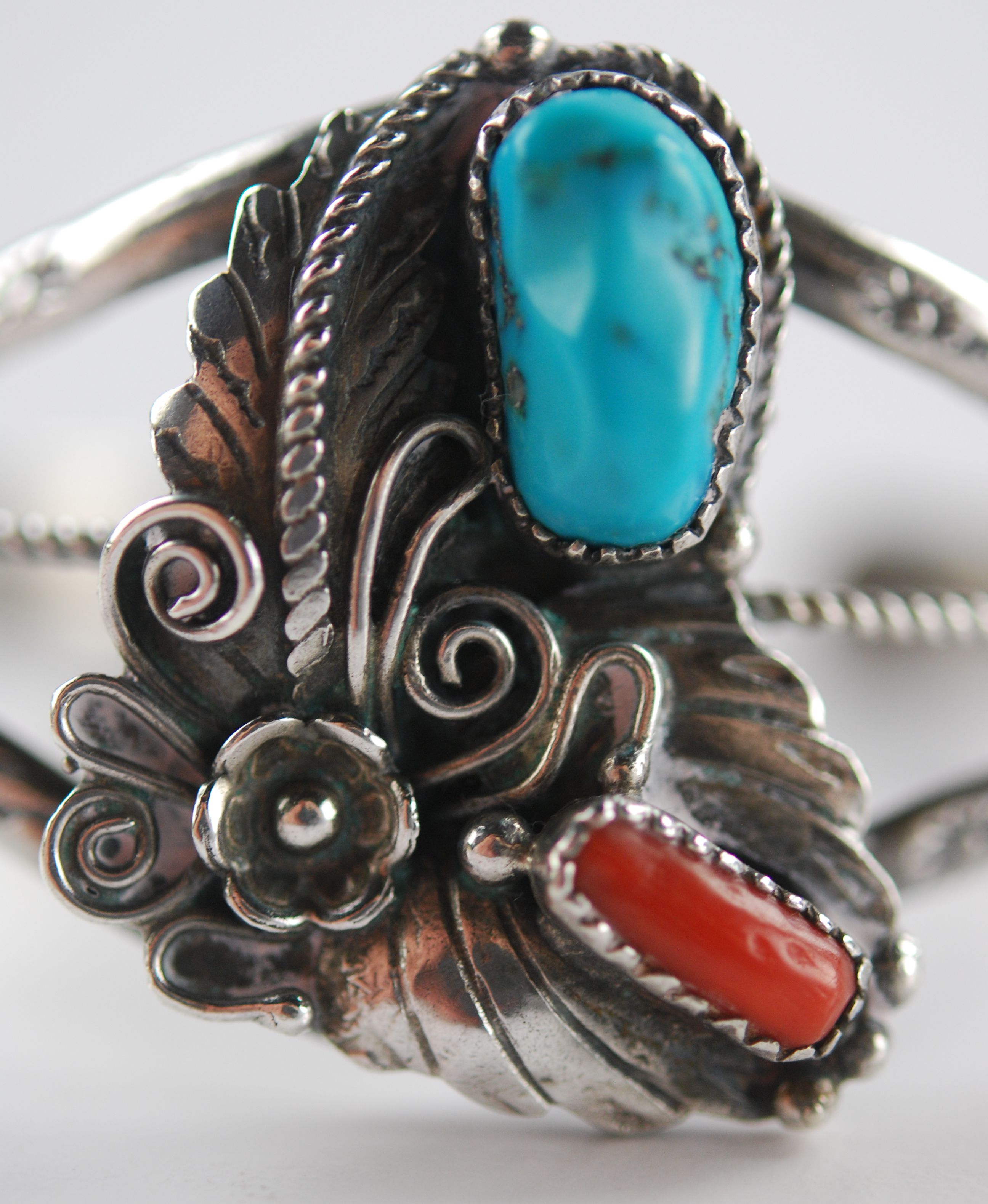Sterling, Coral, and Turquoise Bracelet
