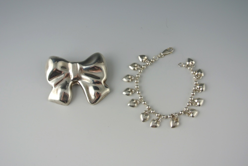 Sterling Silver Bow Pin & Heart Charm Bracelet