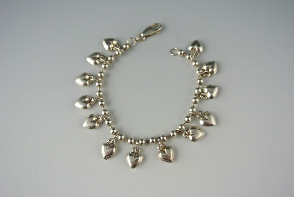 Sterling Silver Bow Pin & Heart Charm Bracelet