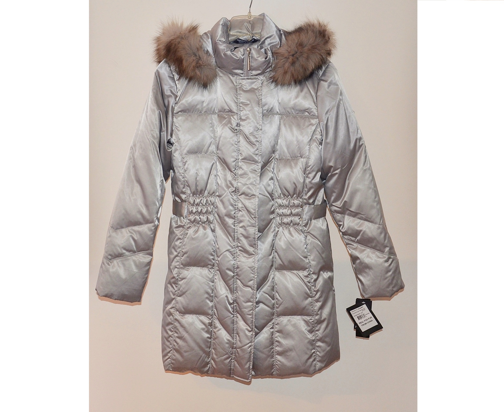 Platinum Utex Silver Quilted Coat with Fox Fur Trim Hood
