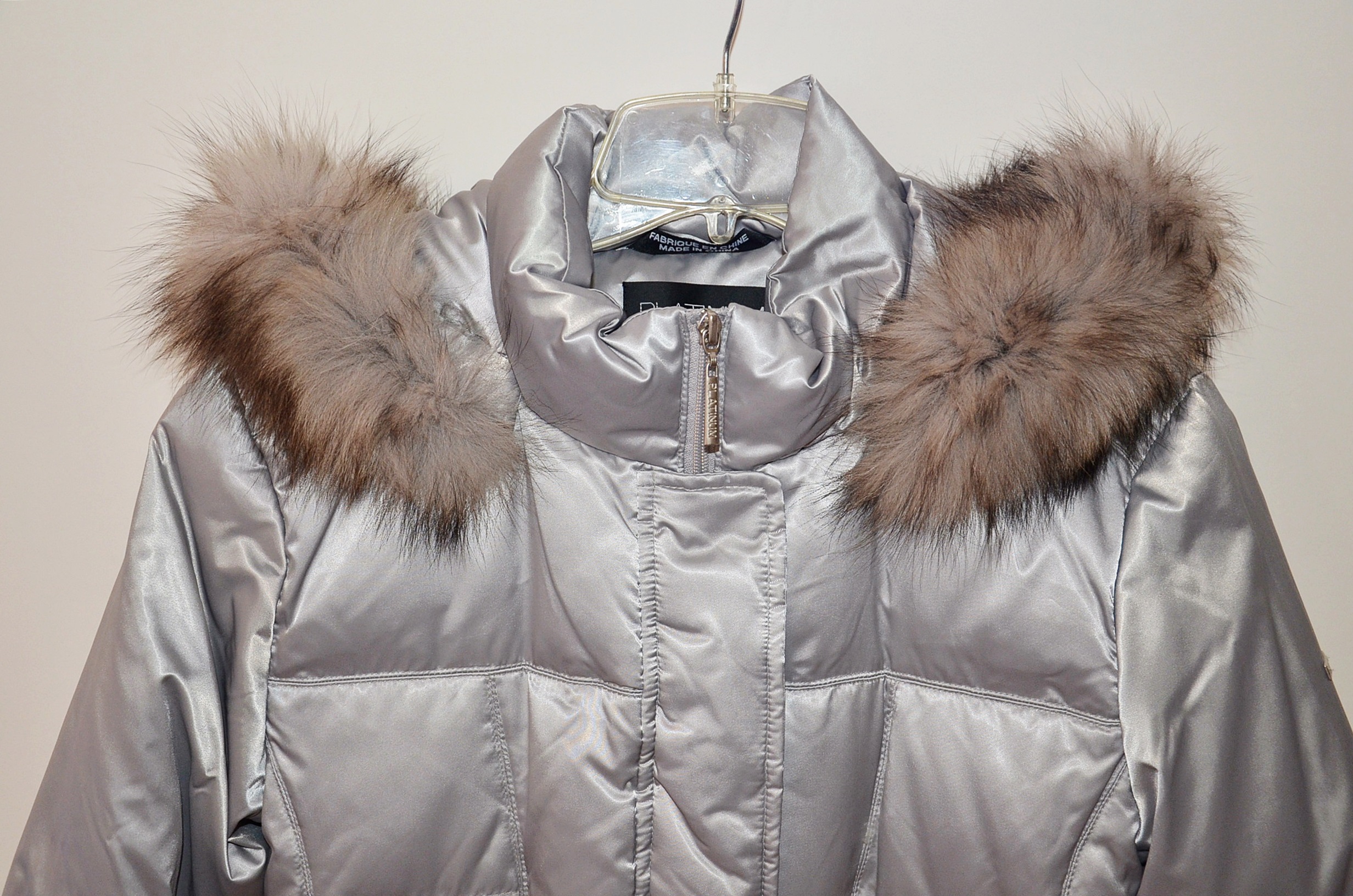 Platinum Utex Silver Quilted Coat with Fox Fur Trim Hood