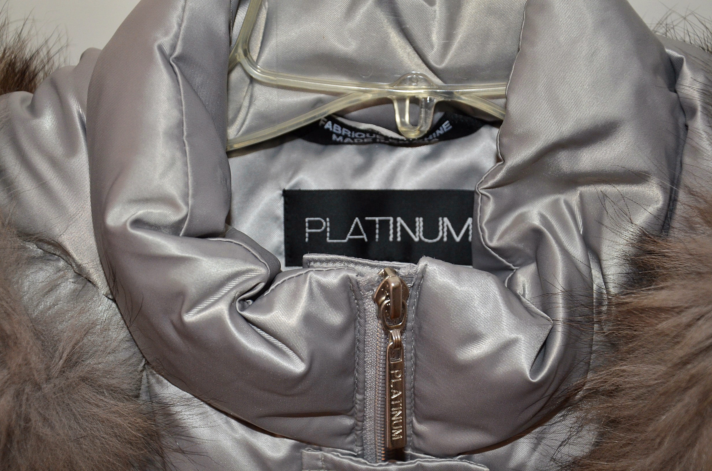 Platinum Utex Silver Quilted Coat with Fox Fur Trim Hood