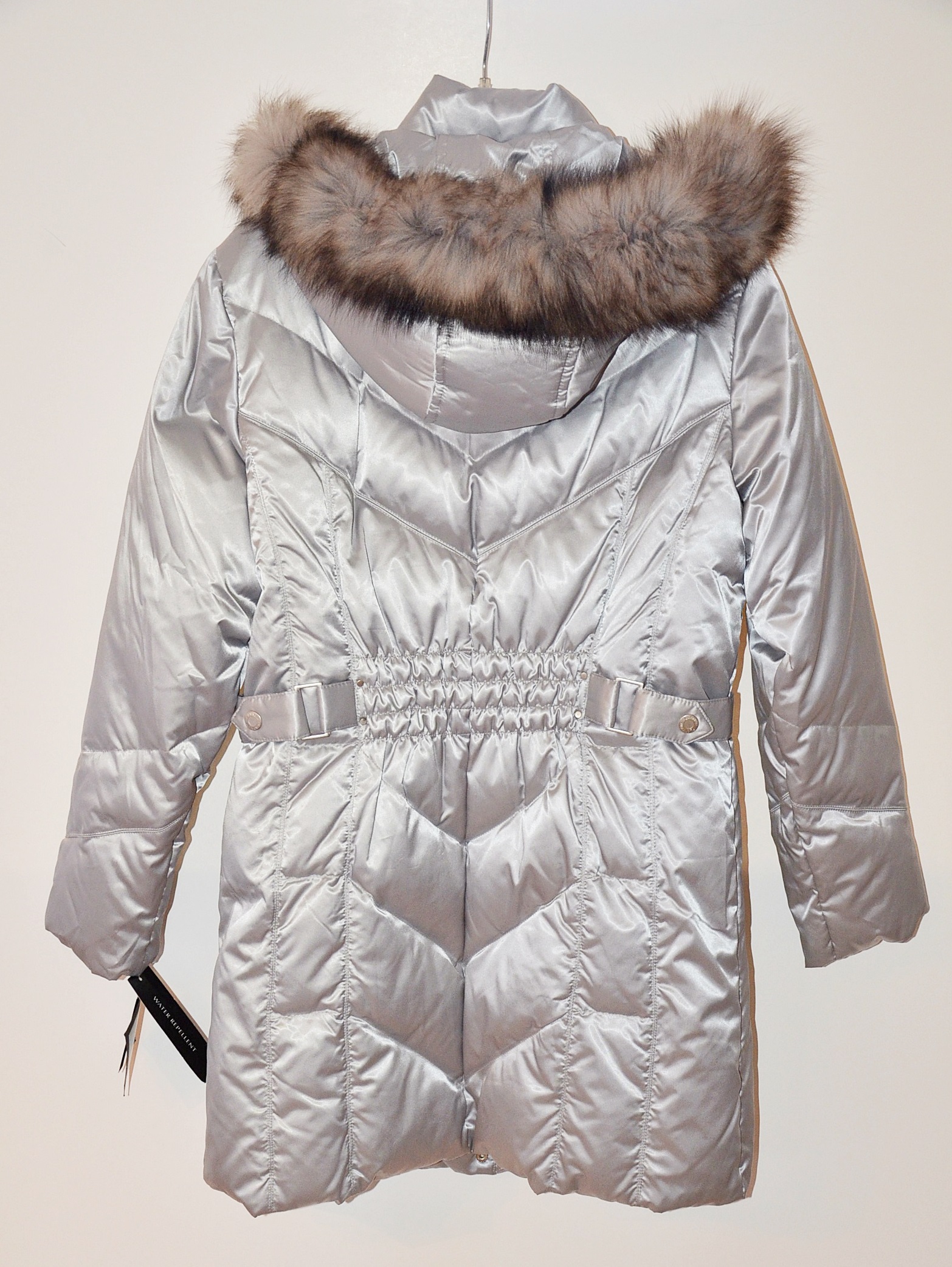 Platinum Utex Silver Quilted Coat with Fox Fur Trim Hood