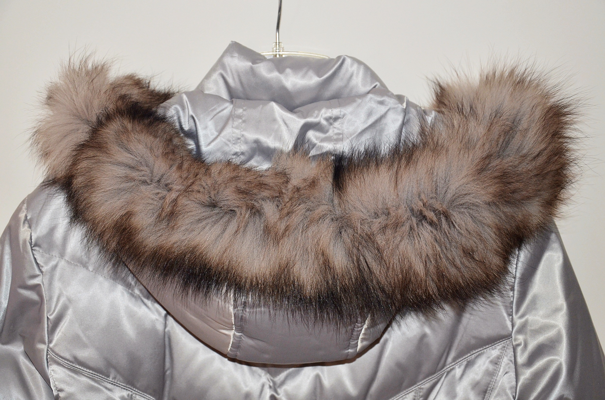 Platinum Utex Silver Quilted Coat with Fox Fur Trim Hood