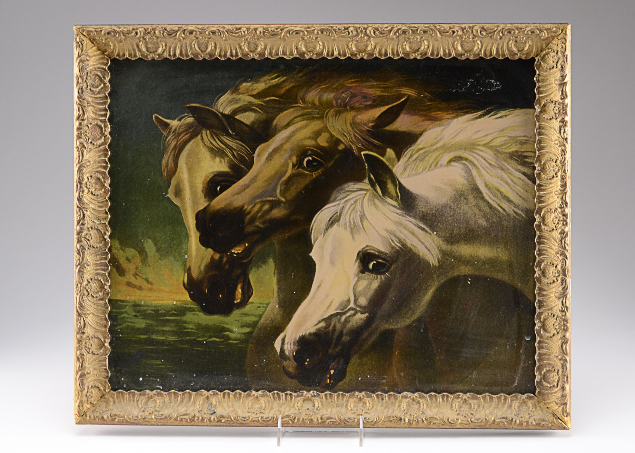 Vintage Color Lithograph Featuring the Heads of Three Horses