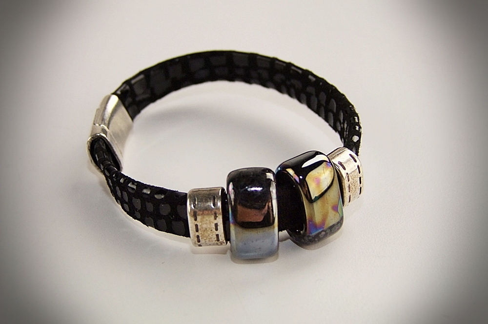 Artisan Made Black Colored Leather and Black Glass Bead Slide Bracelet