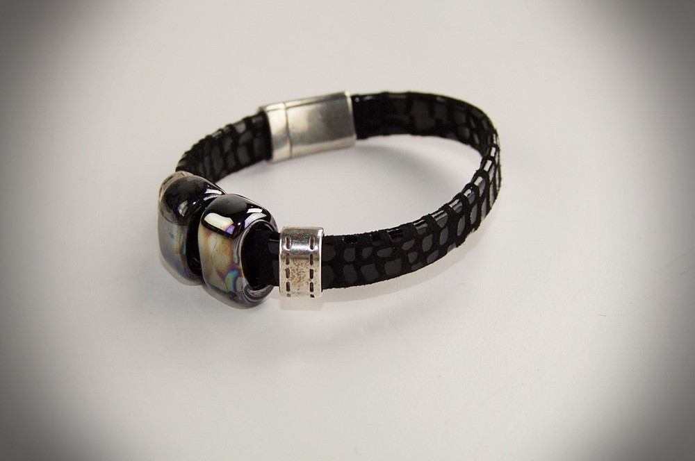 Artisan Made Black Colored Leather and Black Glass Bead Slide Bracelet