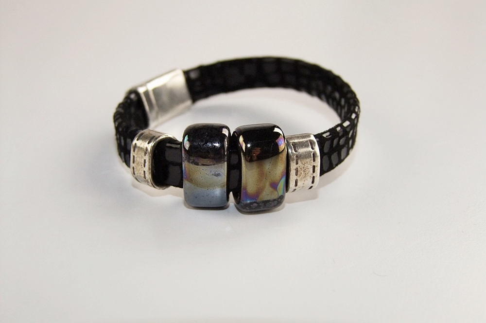 Artisan Made Black Colored Leather and Black Glass Bead Slide Bracelet