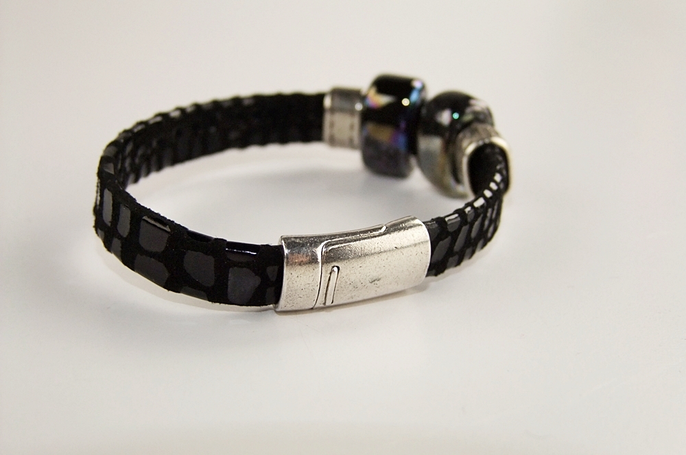 Artisan Made Black Colored Leather and Black Glass Bead Slide Bracelet