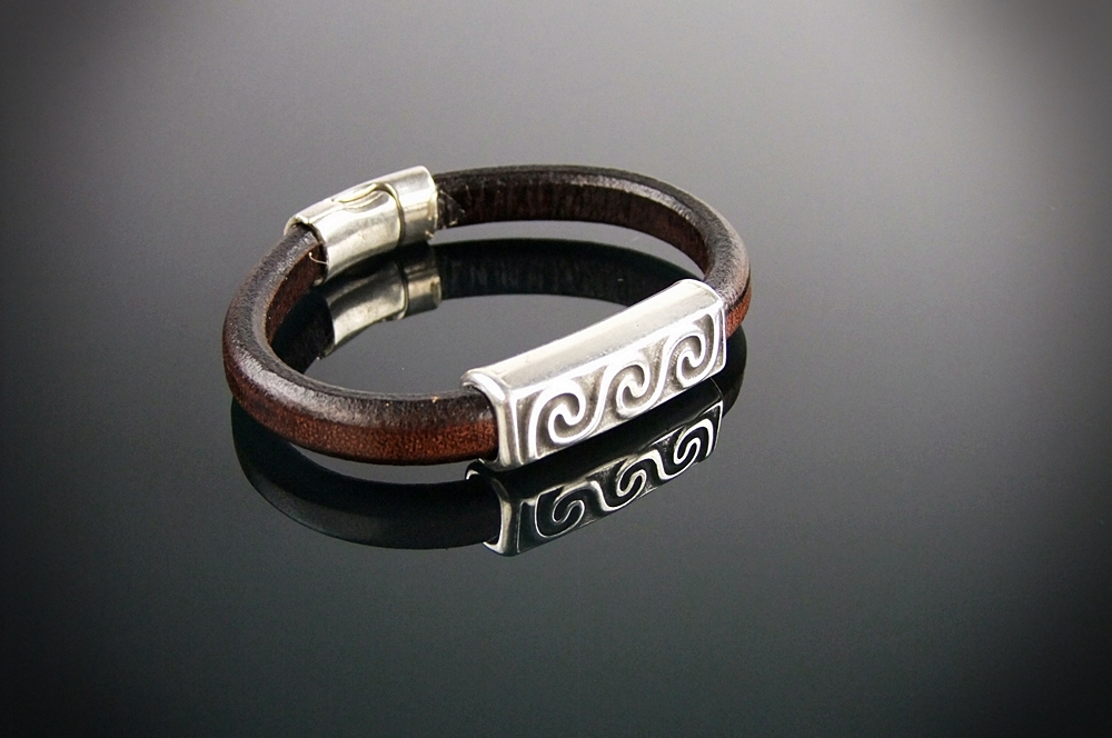 Artisan Made Brown Leather and Silver Tone Slide Bracelet