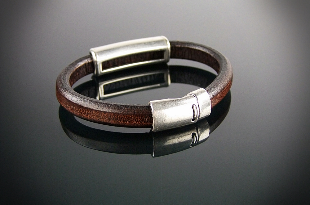 Artisan Made Brown Leather and Silver Tone Slide Bracelet
