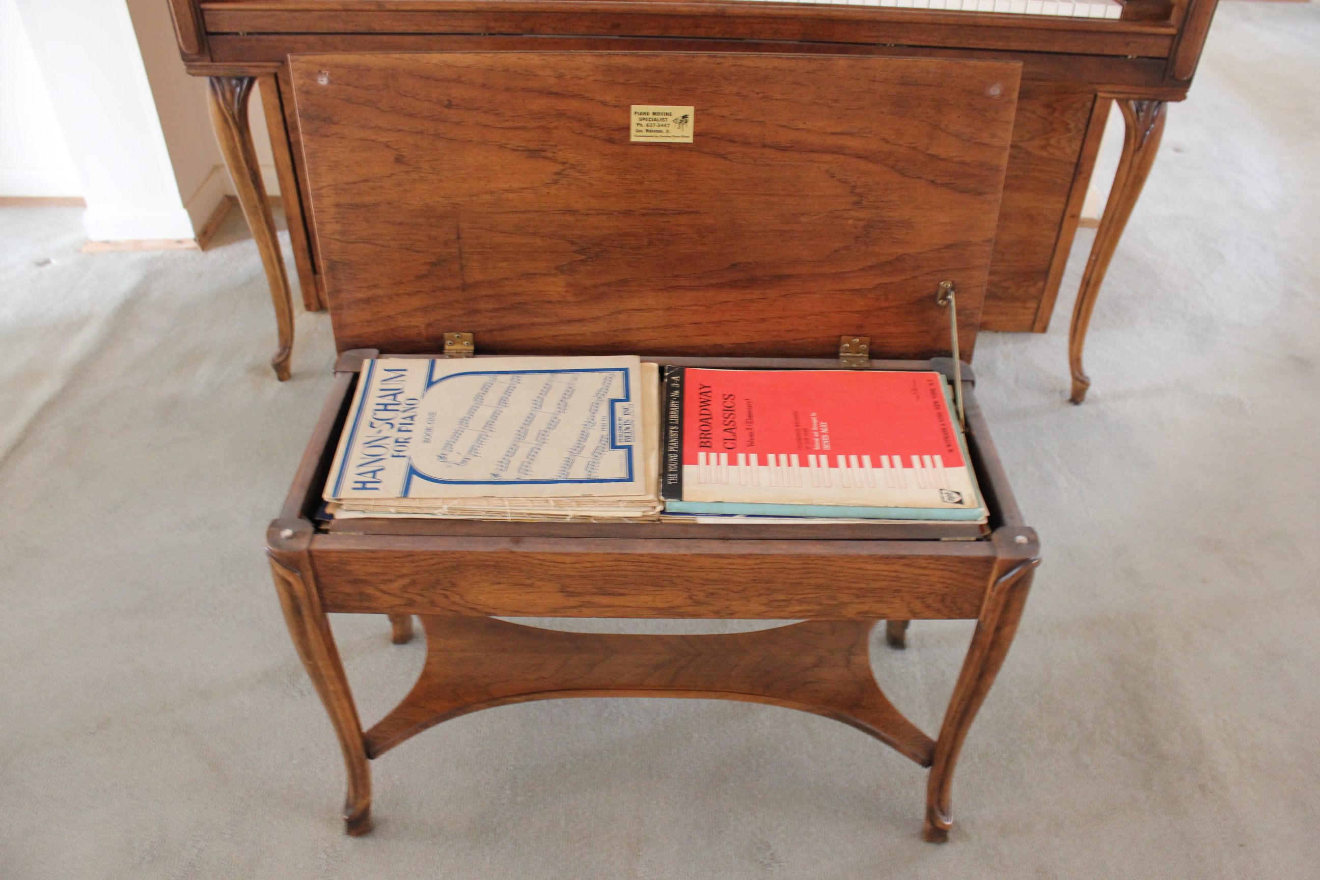 Upright Standard Piano Player, Bench, Piano Rolls and Sheet Music