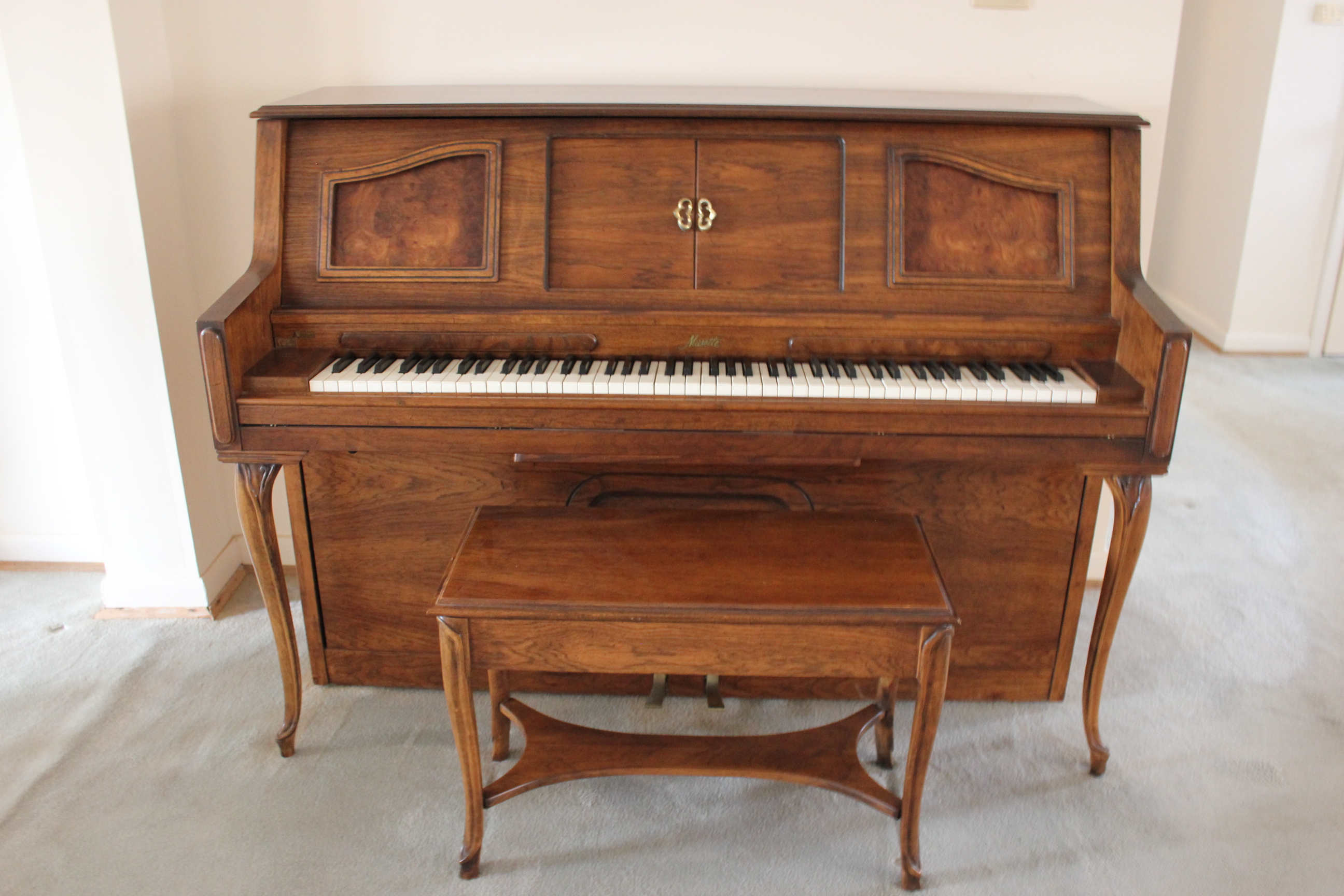 Upright Standard Piano Player, Bench, Piano Rolls and Sheet Music