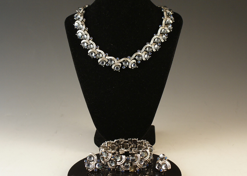 Trifari 3 Piece Set Silver and Blue