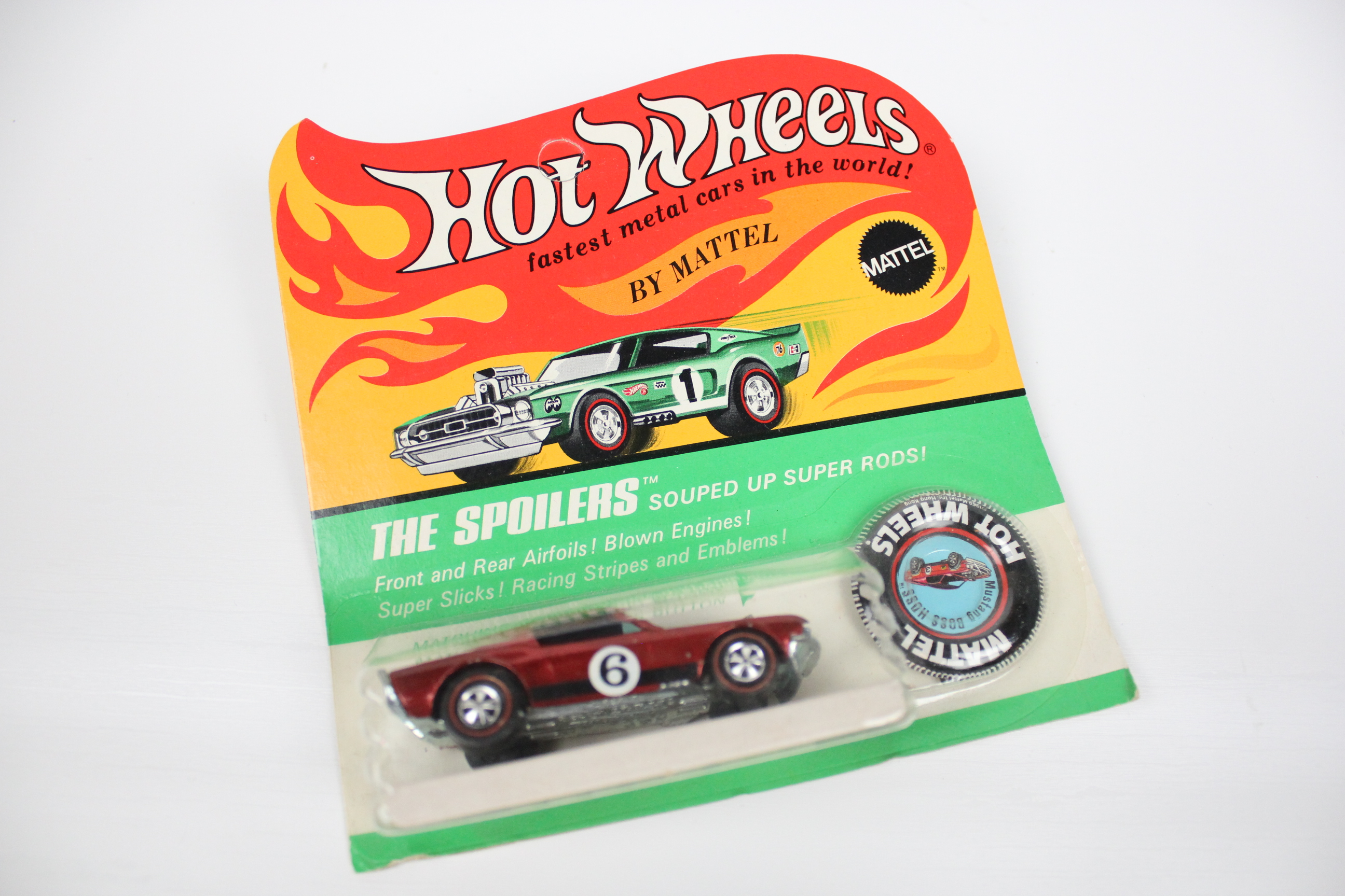 1969 Hot Wheels Spoilers Line "Mustang Boss Hoss" and Button, Unopened