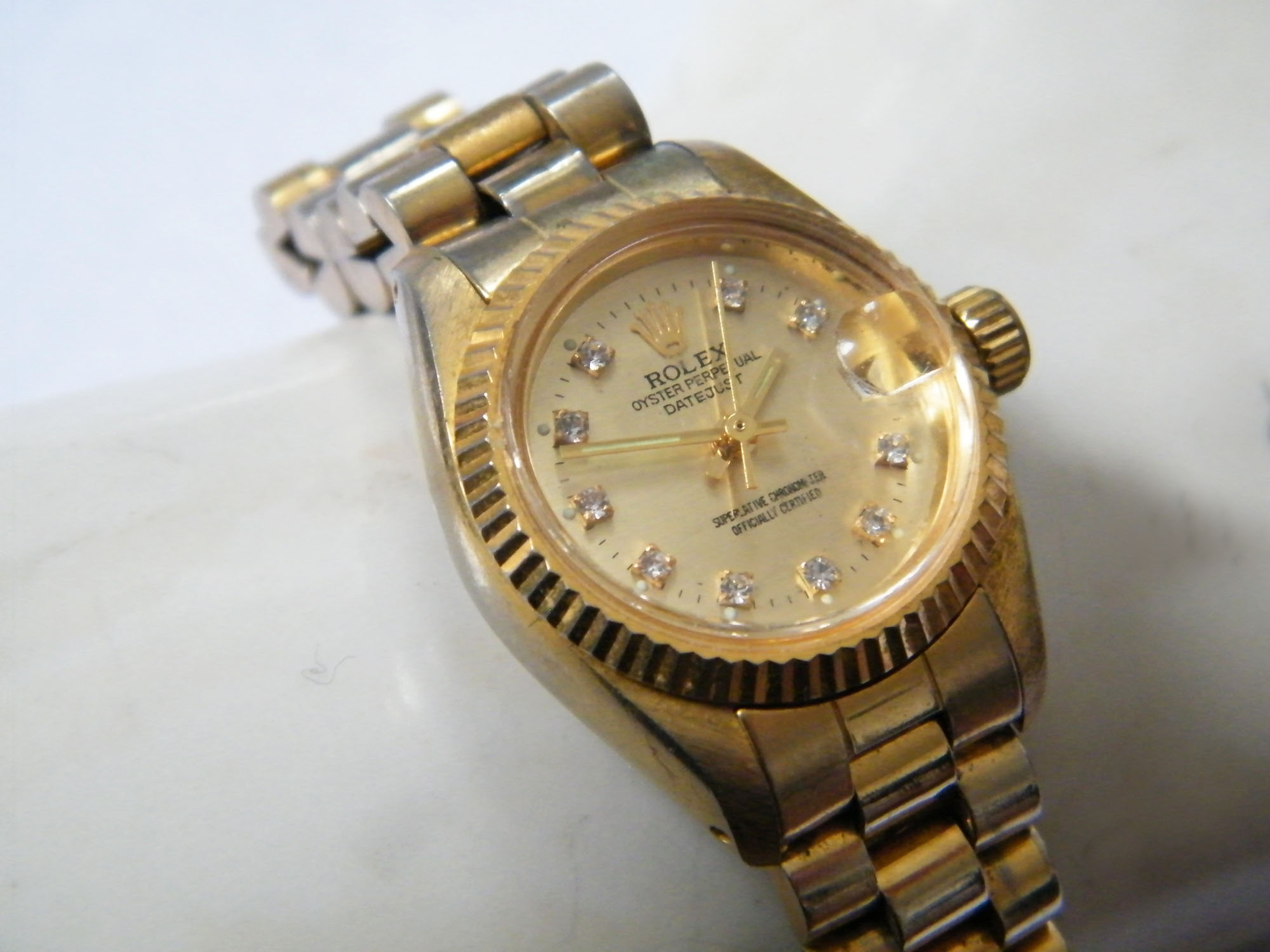 Women's Rolex-Style Oyster Perpetual Datejust Goldtone Watch with Faux Diamonds