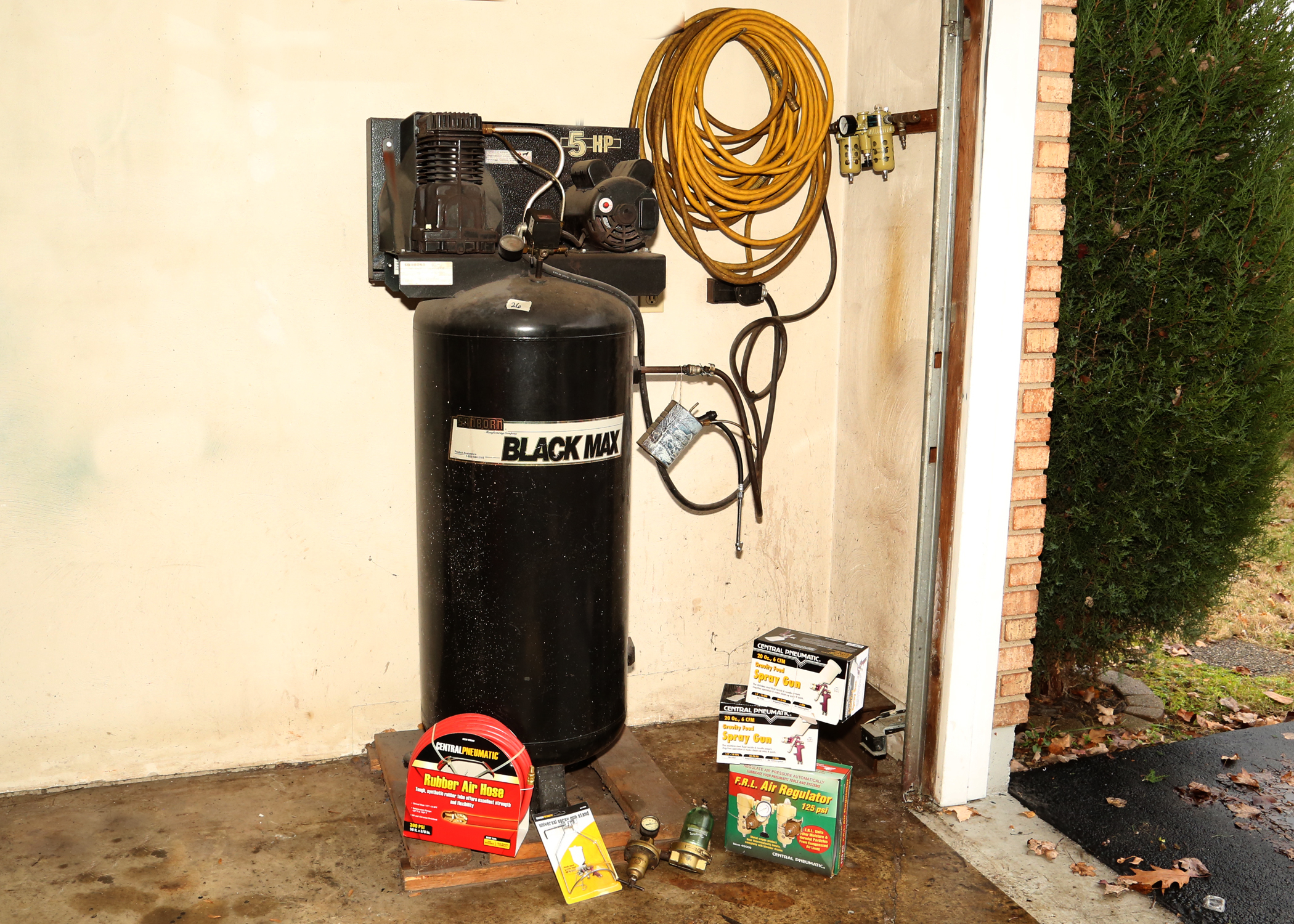 Sanborn Black Max 5HP Air Compressor with Pneumatic Regulator and Accessories