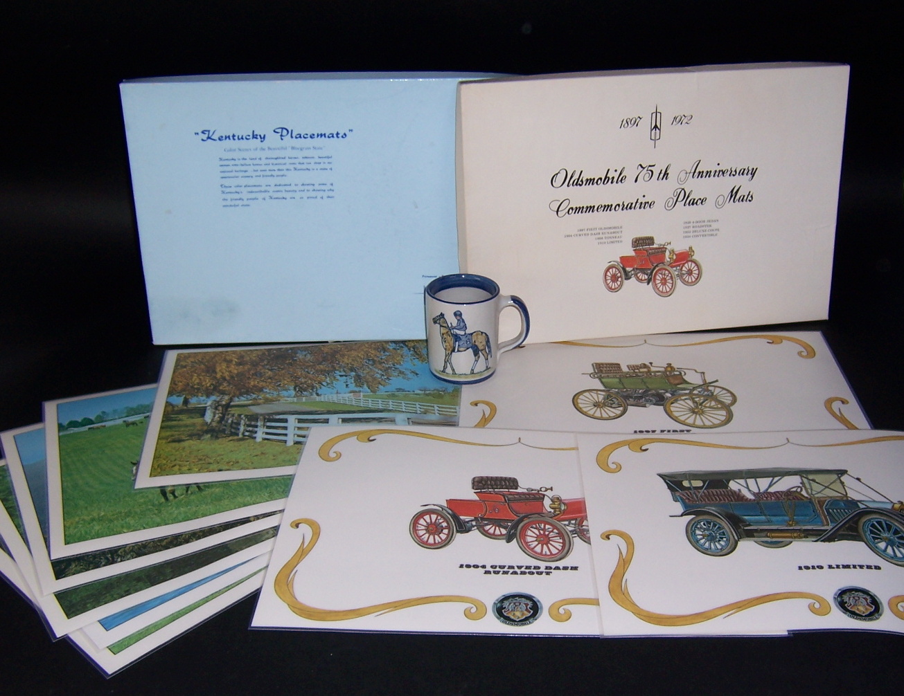 Vintage Boxed Horse and Oldsmobile Plastic Placemats with Mug