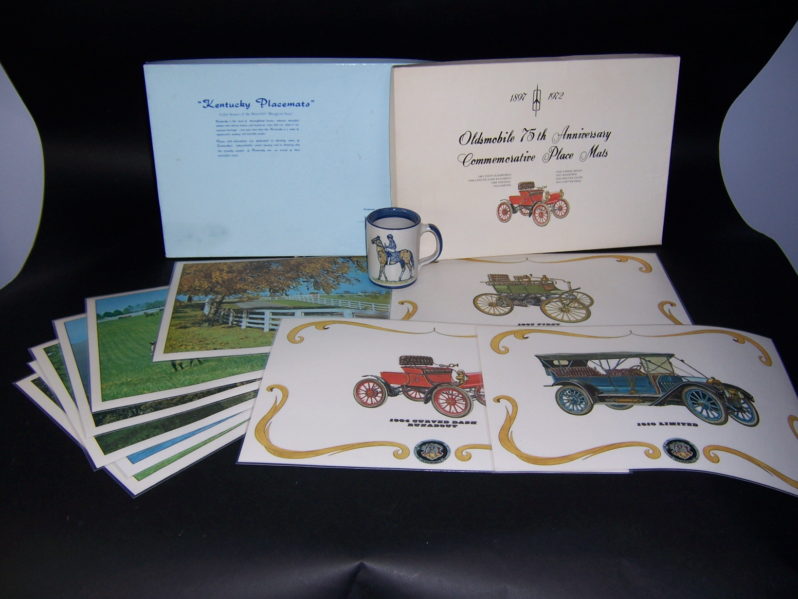 Vintage Boxed Horse and Oldsmobile Plastic Placemats with Mug