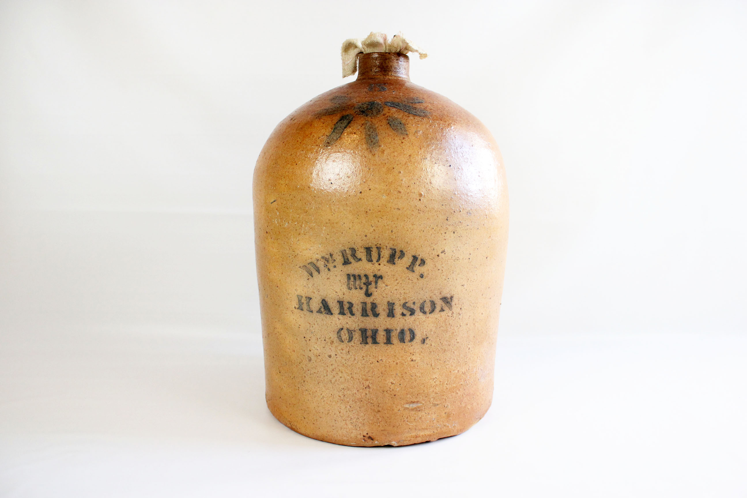 Antique 5 Gallon Stoneware Jug & Cork "WM. Rupp. Mfr., Harrison, Ohio" 