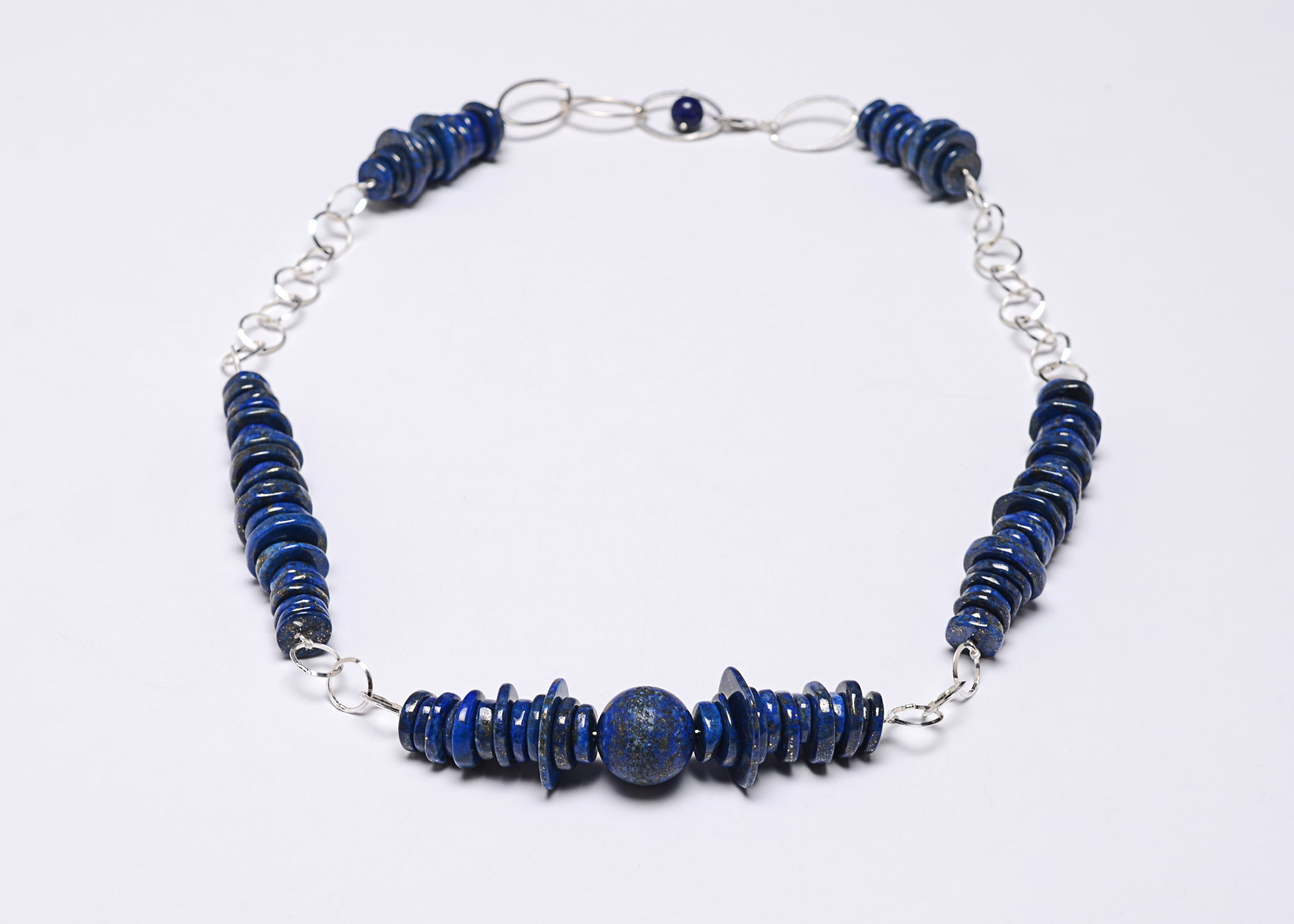 Afghanistan Lapis Lazuli Beaded Sterling Silver Necklace Designed by Paolo