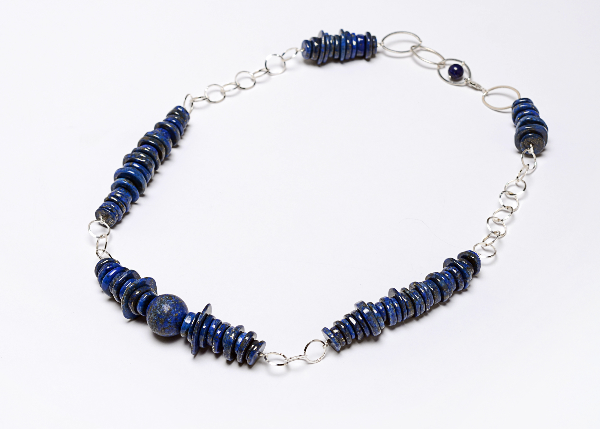 Afghanistan Lapis Lazuli Beaded Sterling Silver Necklace Designed by Paolo