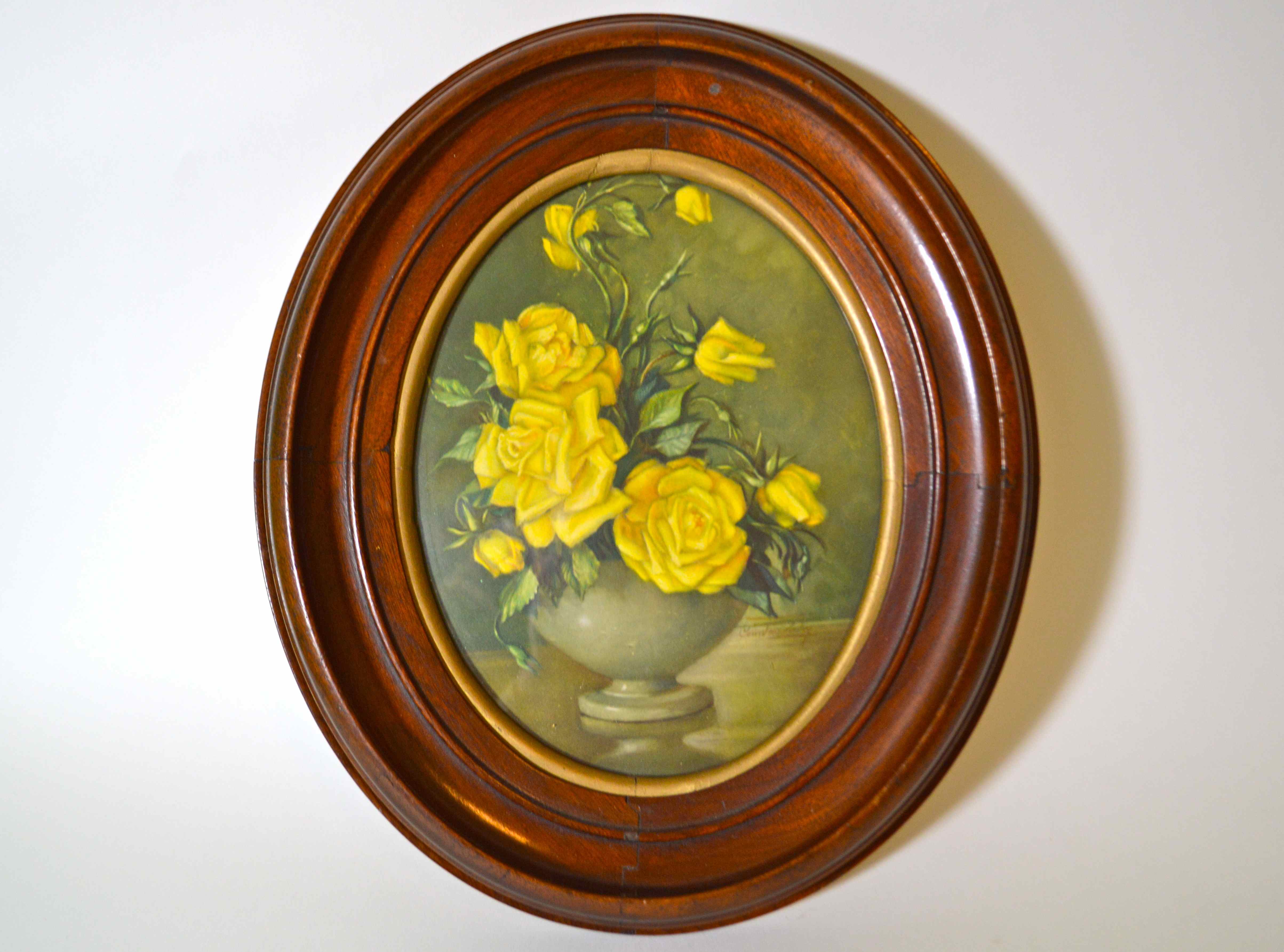  Antique Oval Wood Frame With Yellow Rose Print