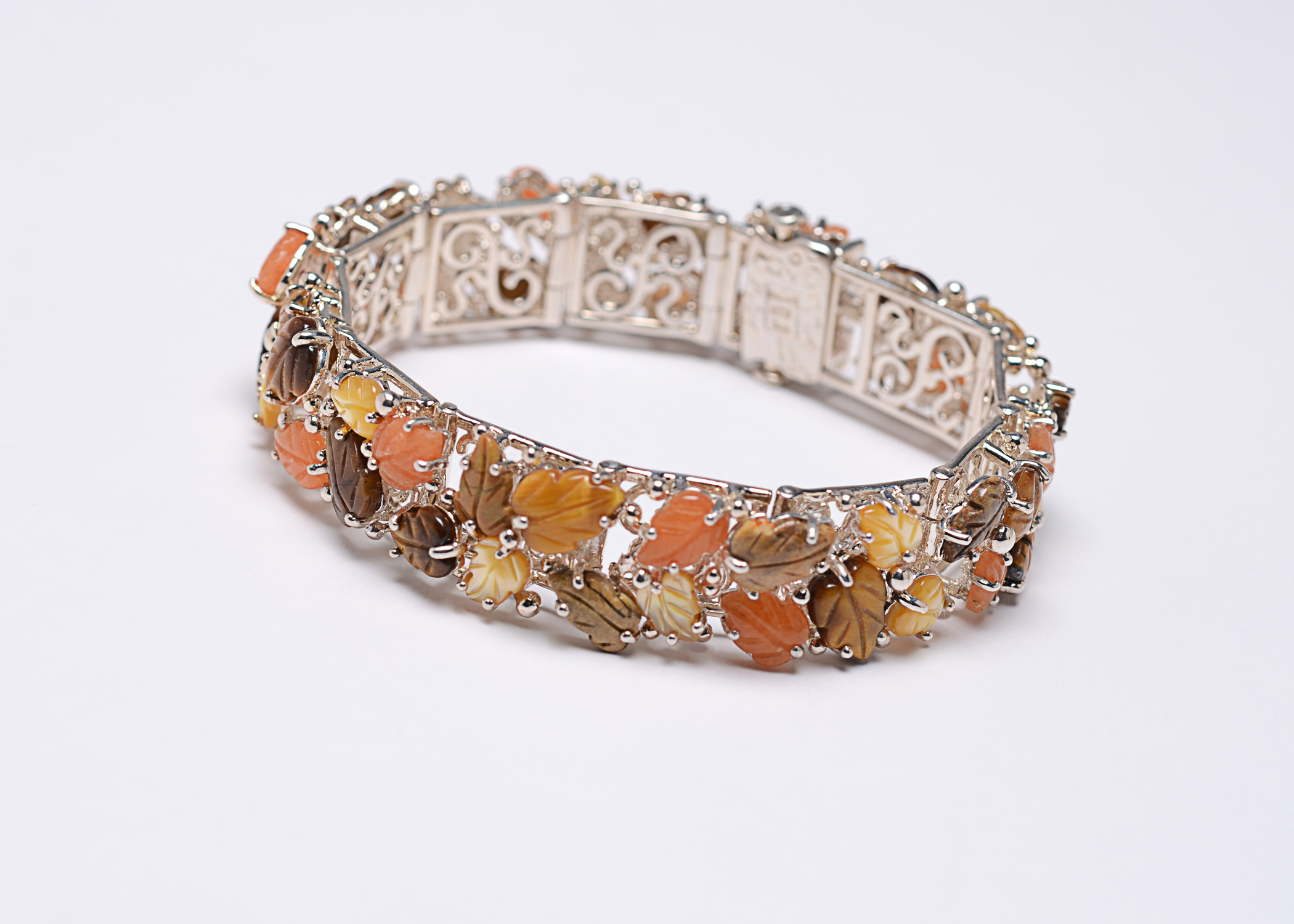 Sterling Silver Bracelet Styled with Semi-Precious Stone Leaves
