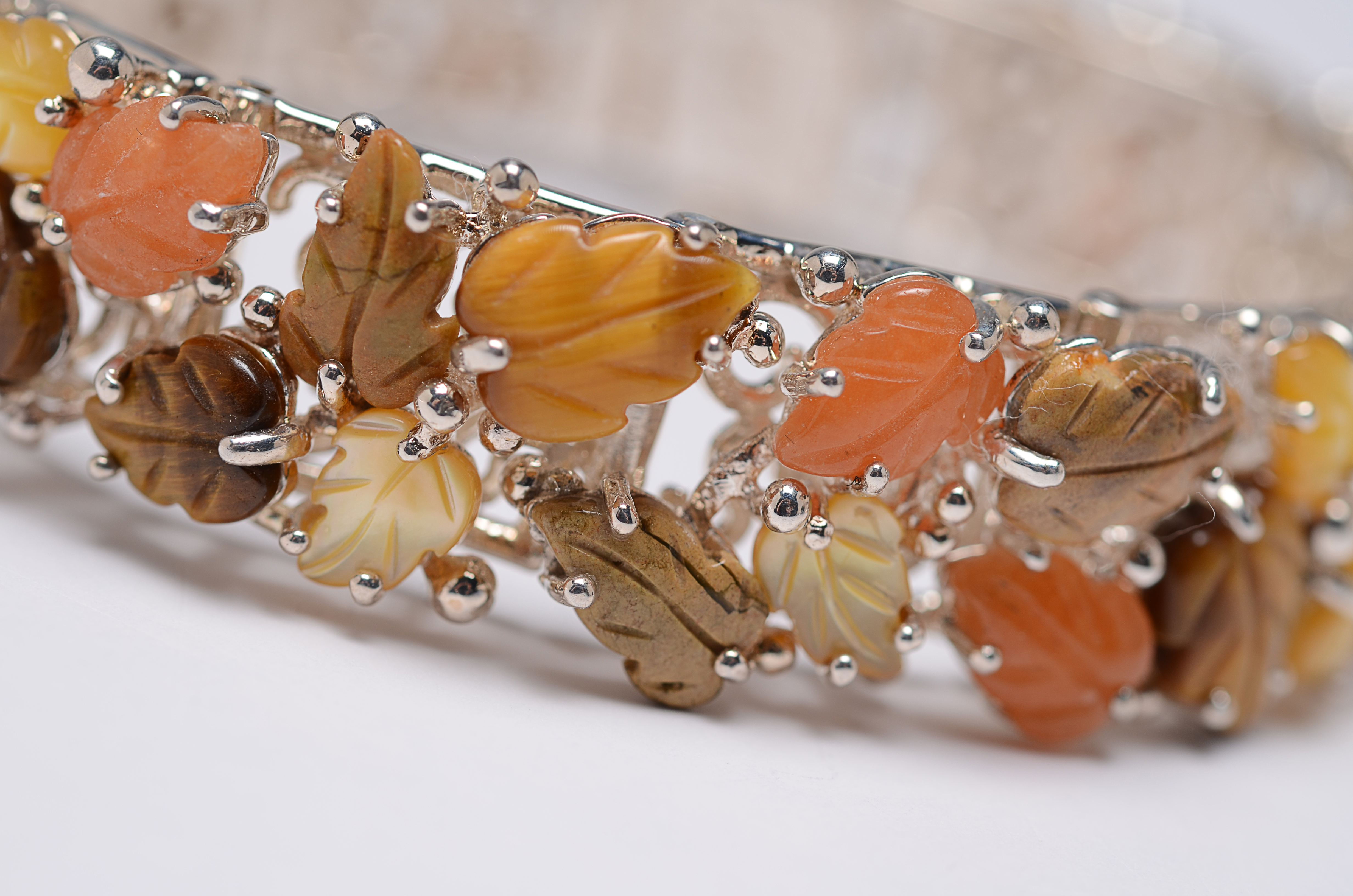 Sterling Silver Bracelet Styled with Semi-Precious Stone Leaves