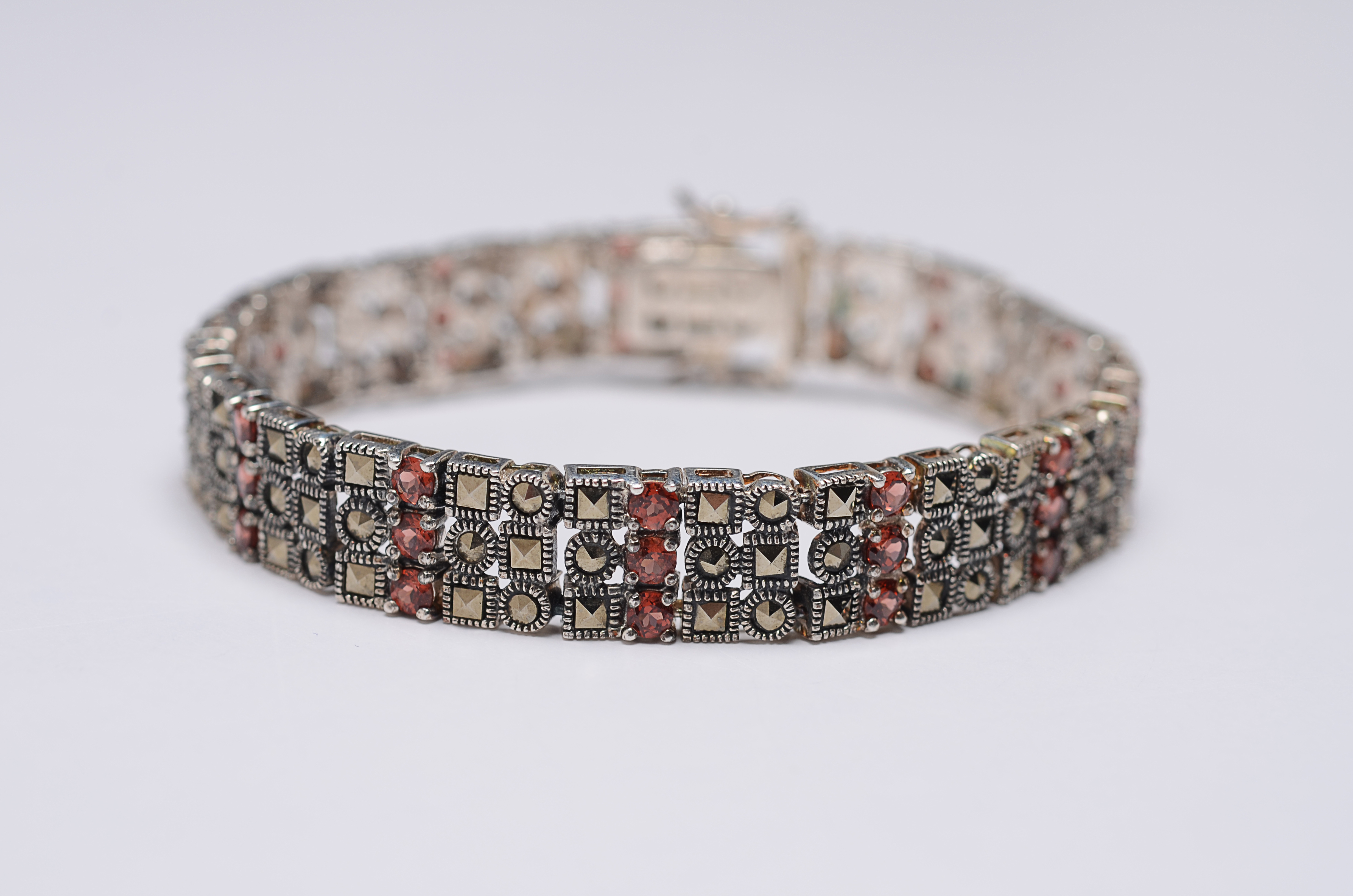 Sterling Silver Marcasite and Garnet Bracelet
