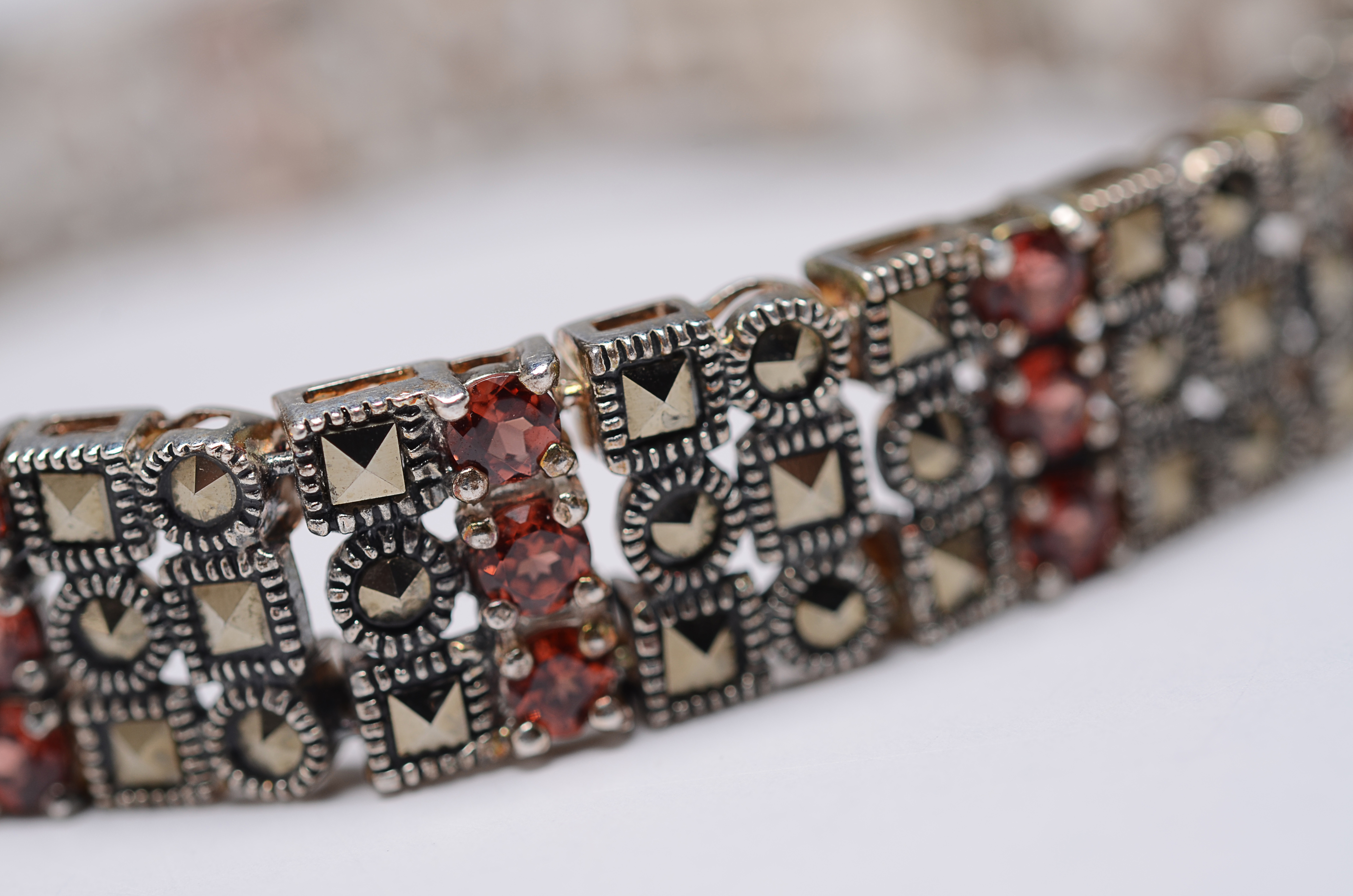 Sterling Silver Marcasite and Garnet Bracelet