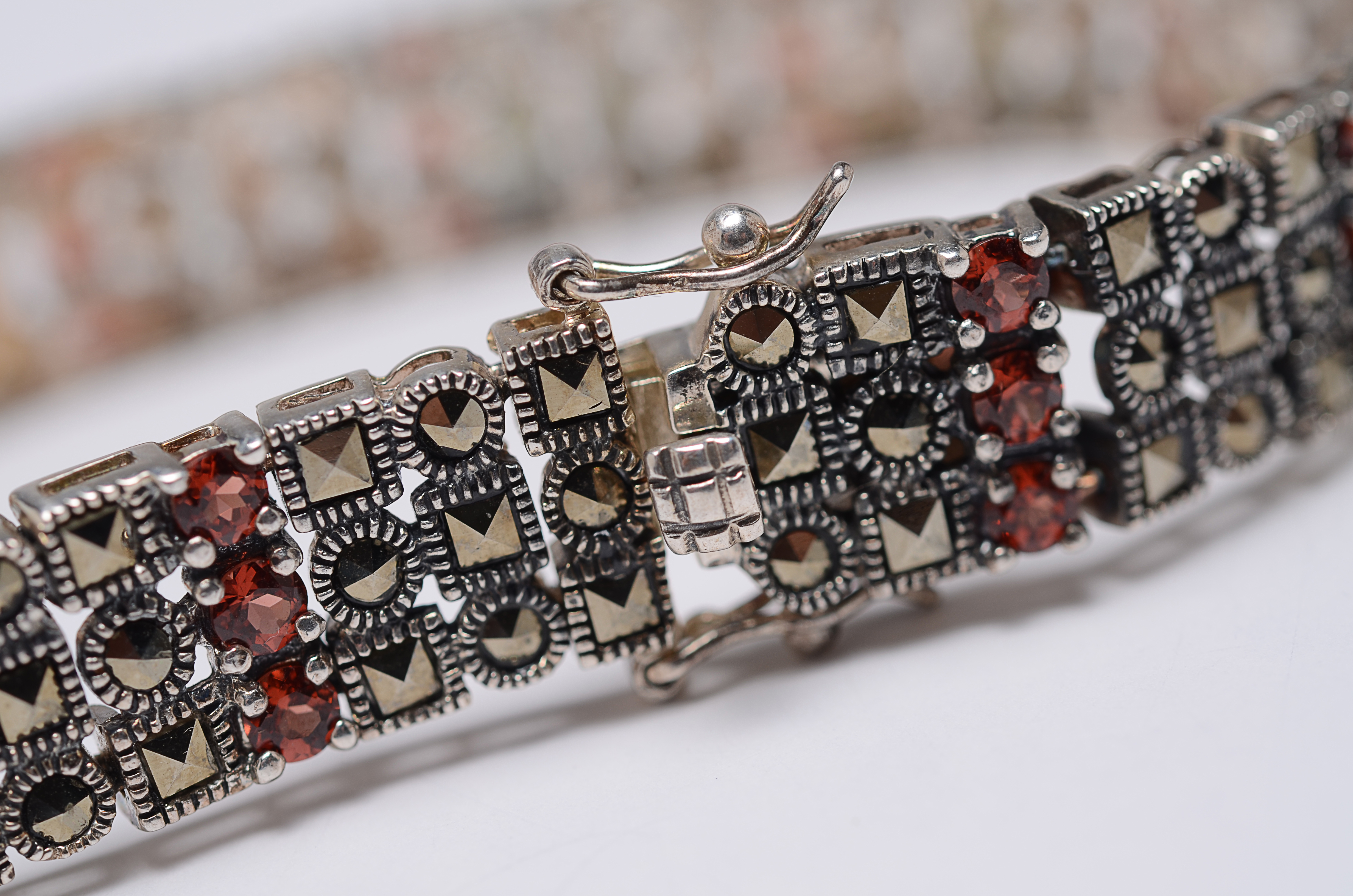 Sterling Silver Marcasite and Garnet Bracelet