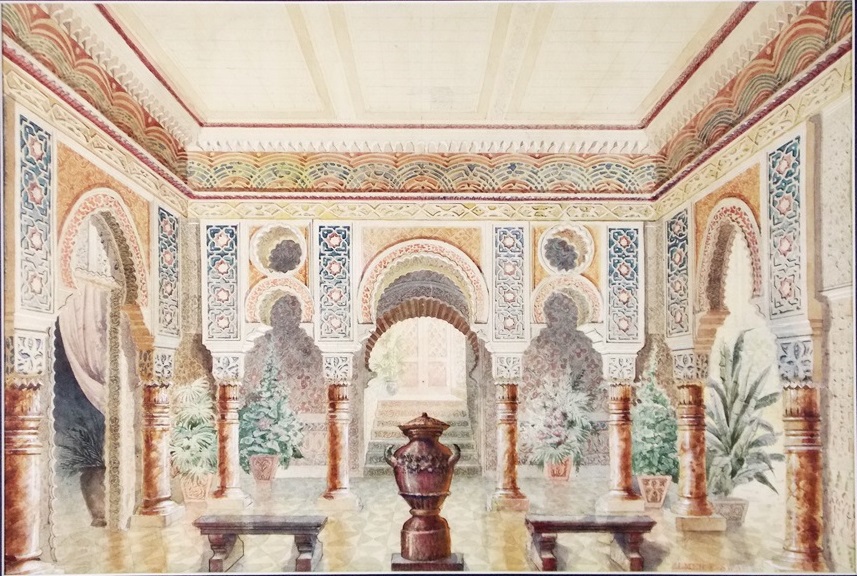 An Original 20th Century Watercolor Interior by Scenic Artist Elmer Swart
