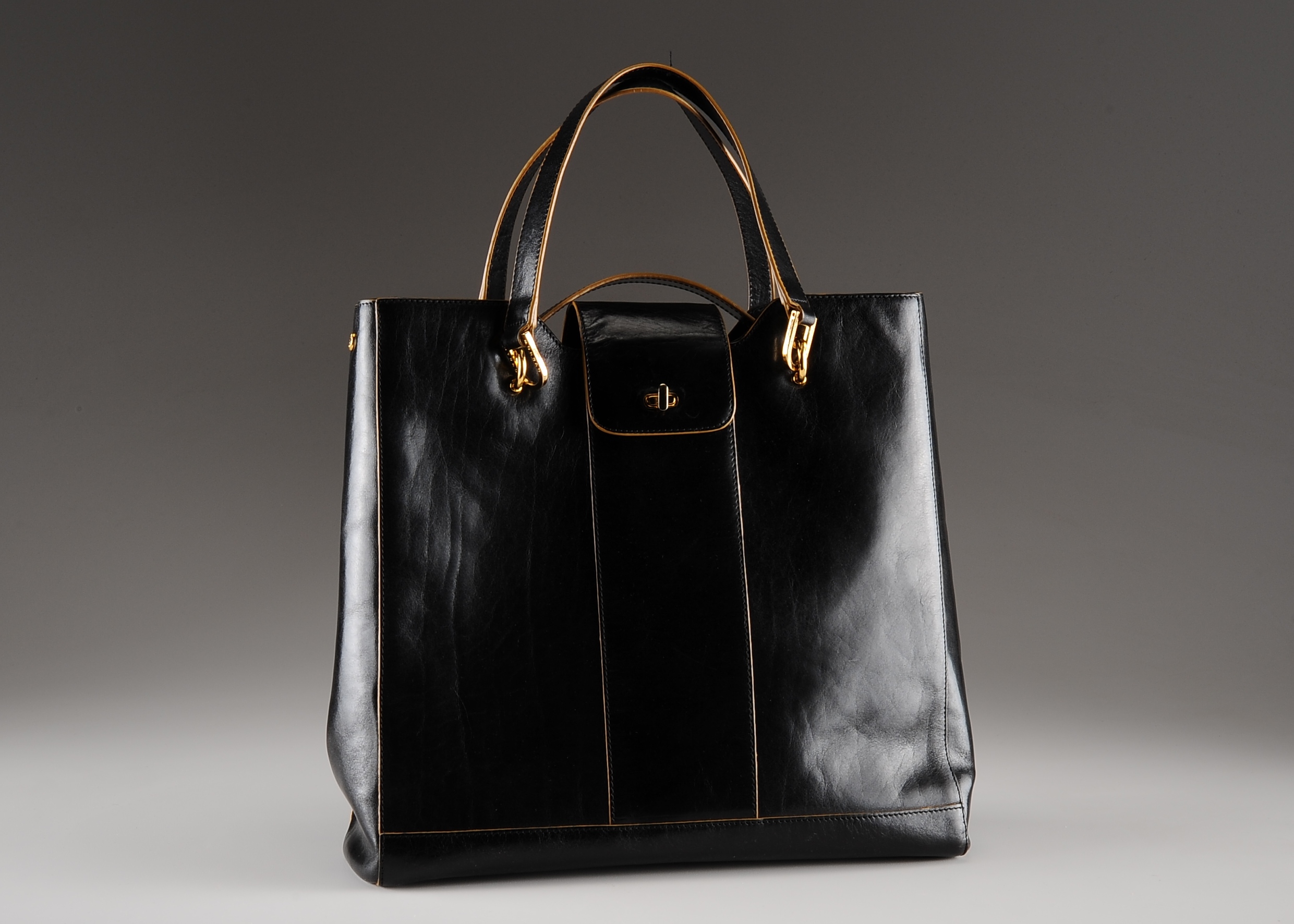 Monsac Original Black Leather Tote Handbag with Cross-Body Strap