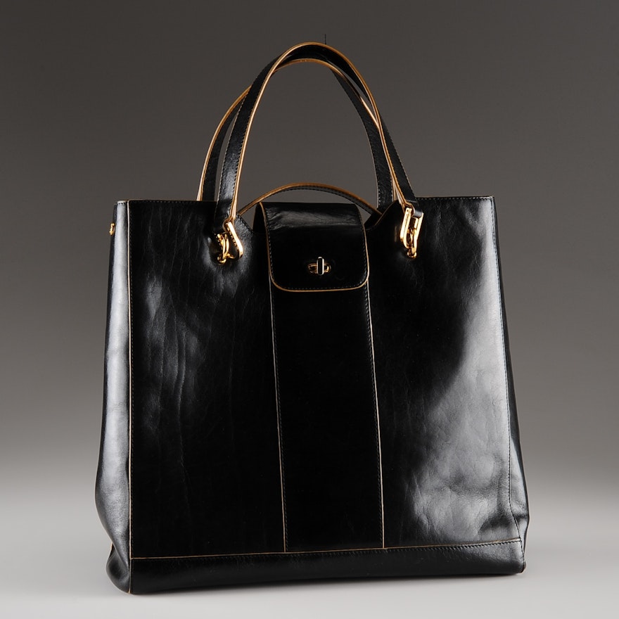 Monsac Original Black Leather Tote Handbag with Cross-Body Strap