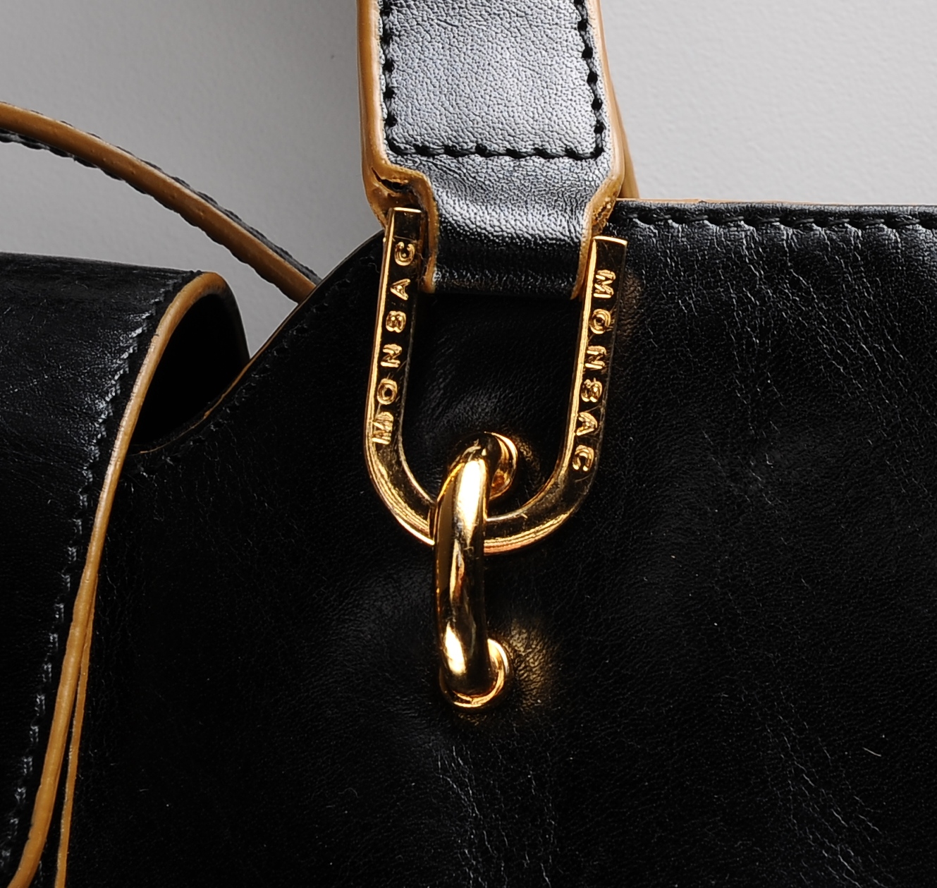 Monsac Original Black Leather Tote Handbag with Cross-Body Strap