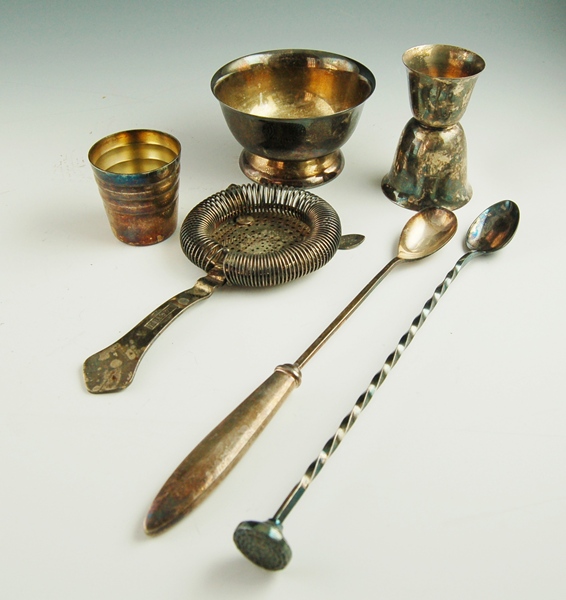 Silverplated Barware Includes Martini Accessories and Shot Glasses
