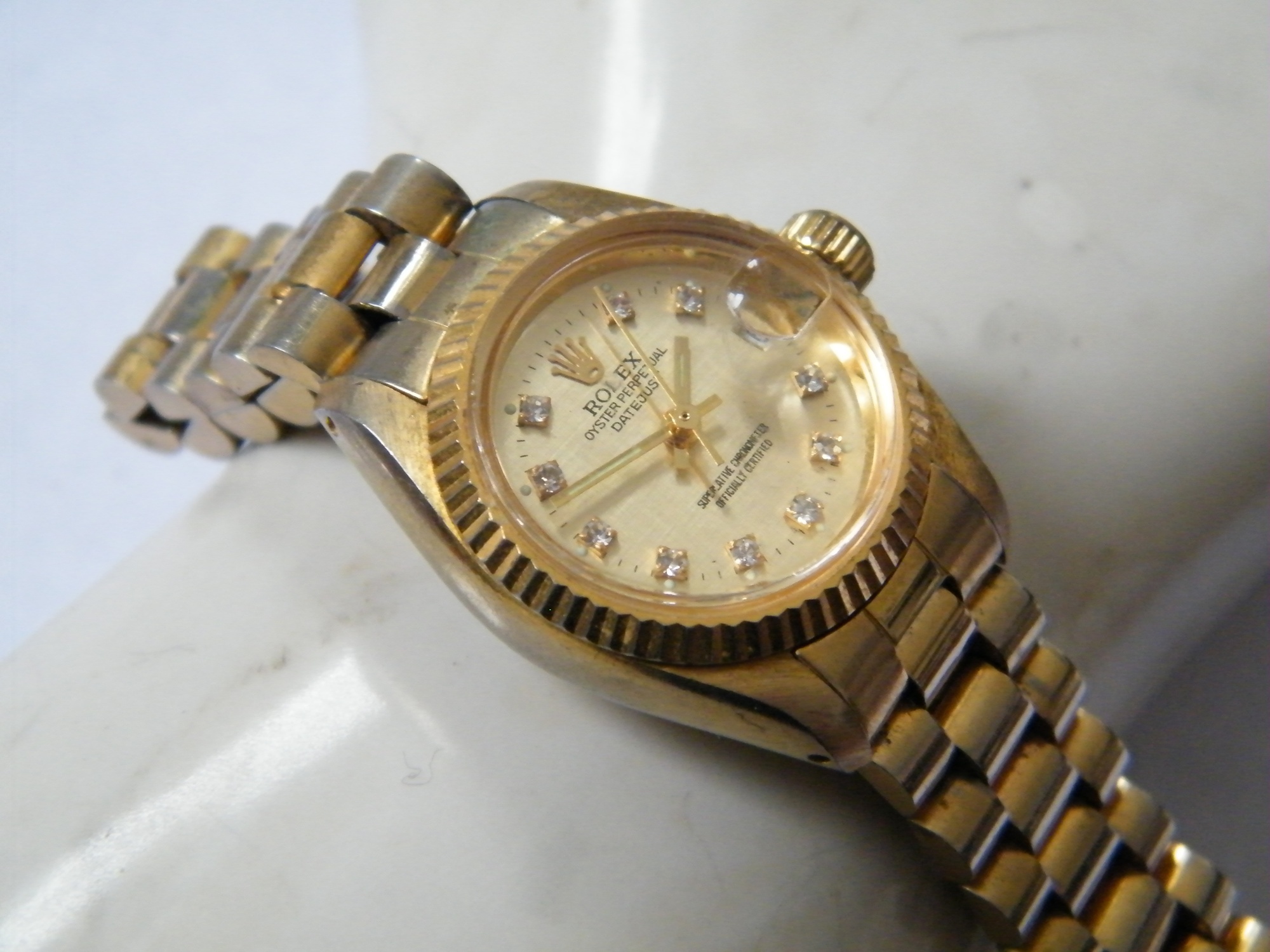 Women's Rolex-Style Oyster Perpetual Datejust Goldtone Watch with Faux Diamonds