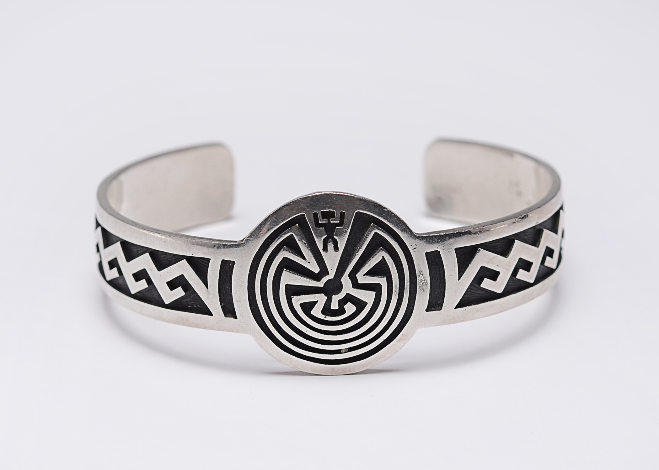Mark Tawahongva Hopi Indian Sterling Silver Cuff Bracelet with Ancient Symbols