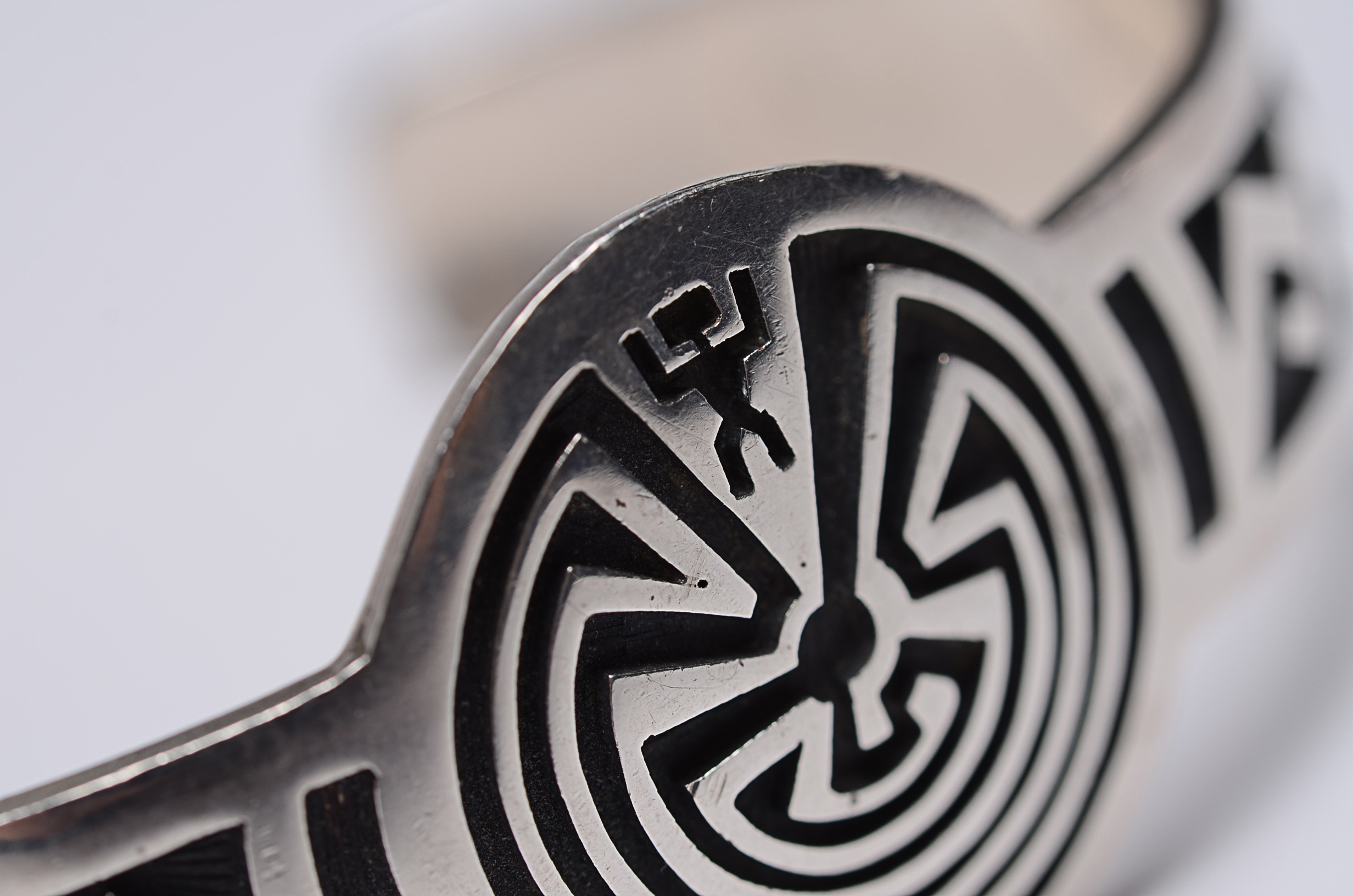 Mark Tawahongva Hopi Indian Sterling Silver Cuff Bracelet with Ancient Symbols