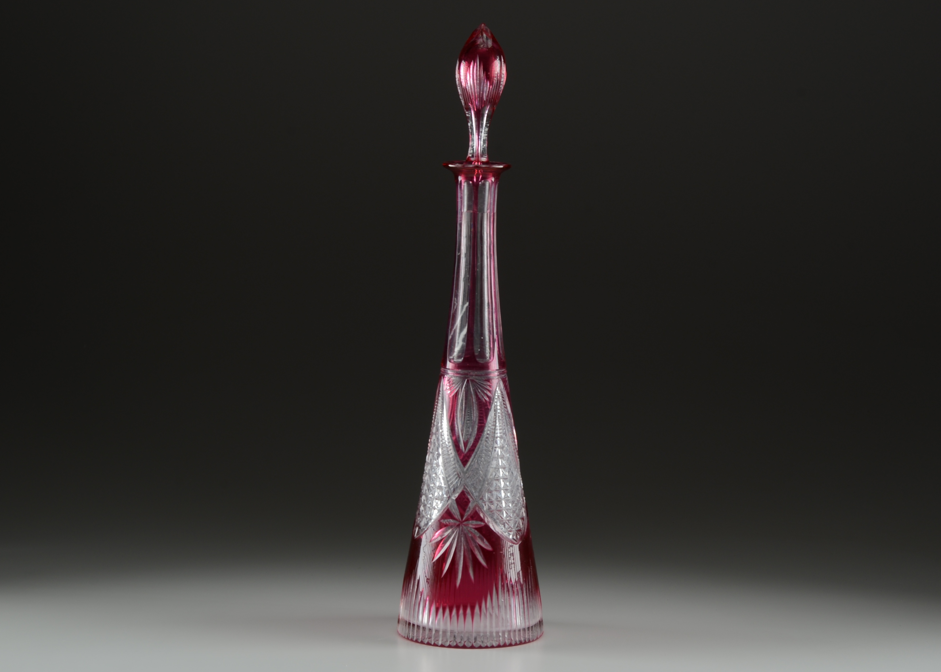 Vintage Bohemian Cranberry Glass Tall Decanter with Stopper