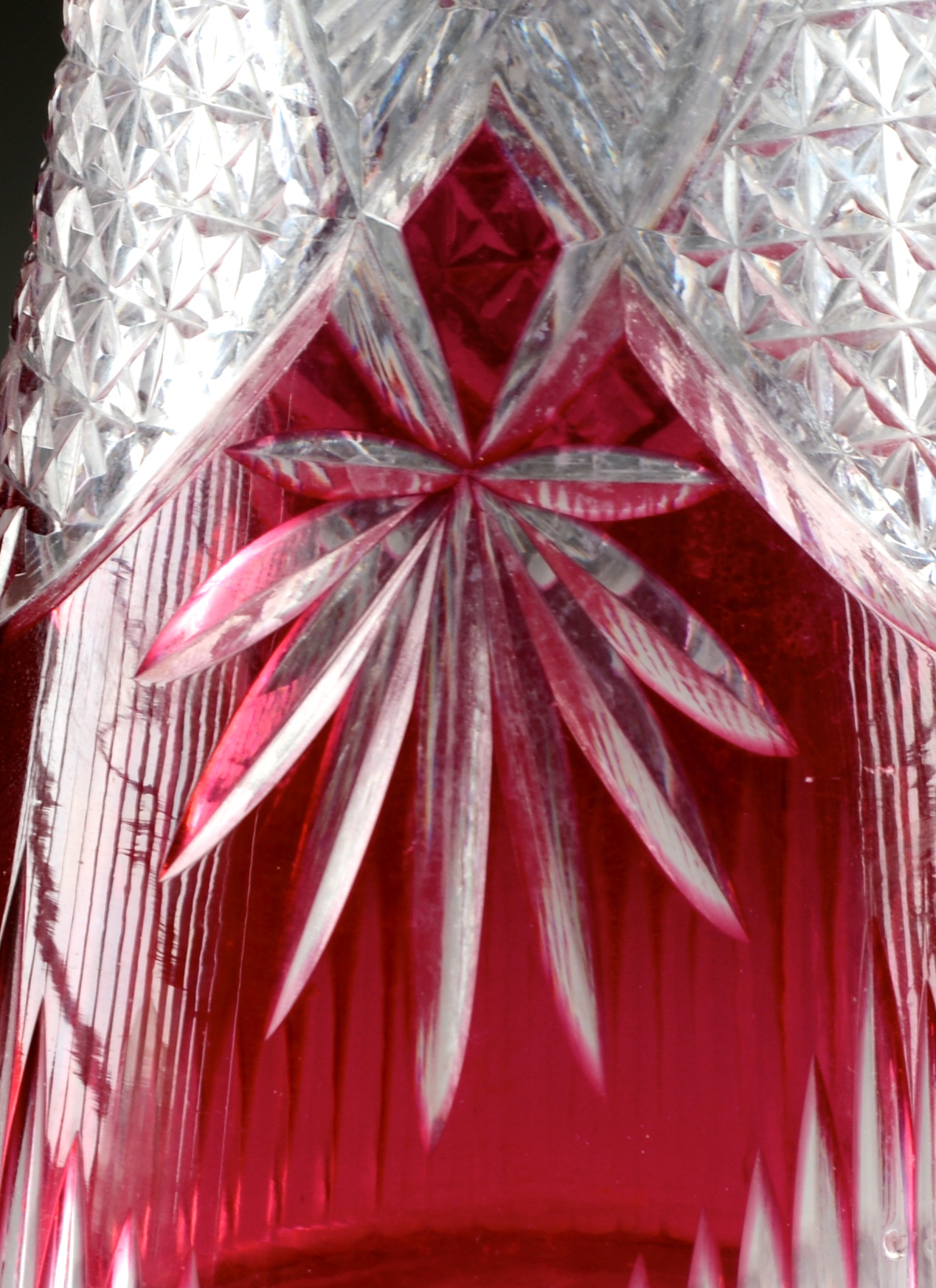 Vintage Bohemian Cranberry Glass Tall Decanter with Stopper