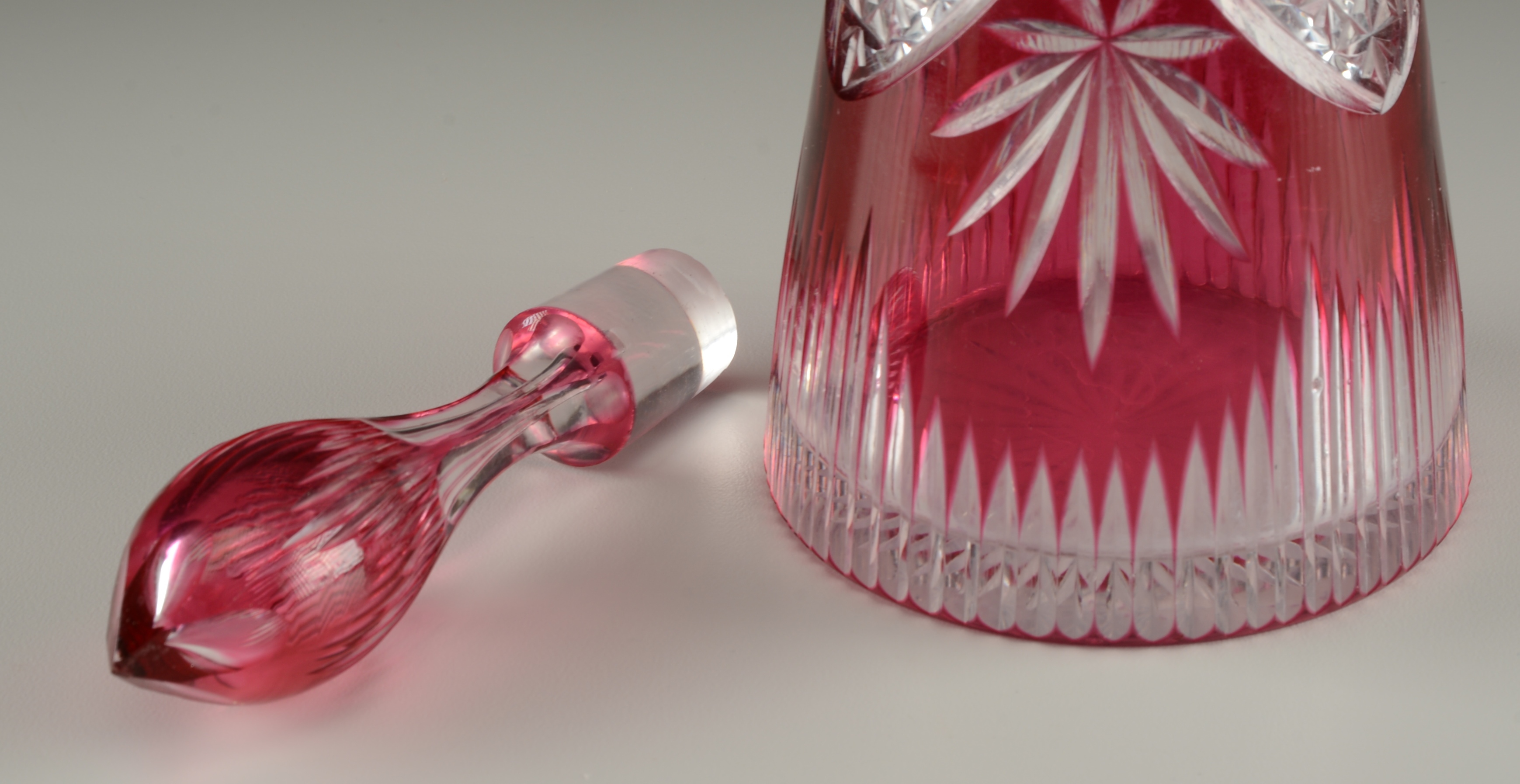 Vintage Bohemian Cranberry Glass Tall Decanter with Stopper