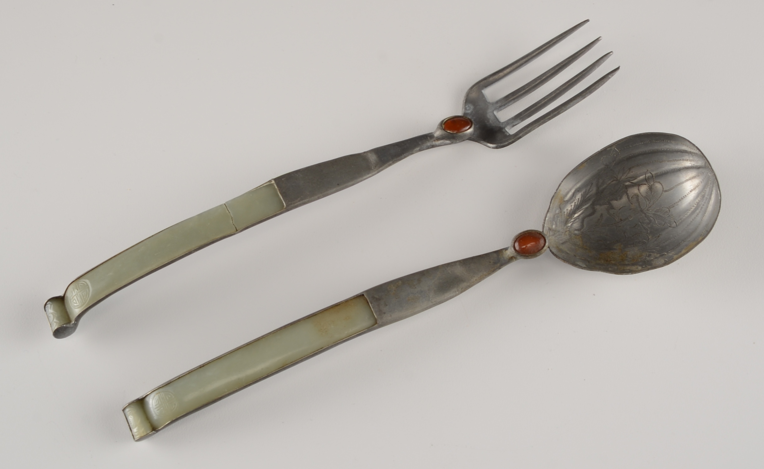 Vintage Pewter Chinese Server Set with Jade and Carnelian Accents