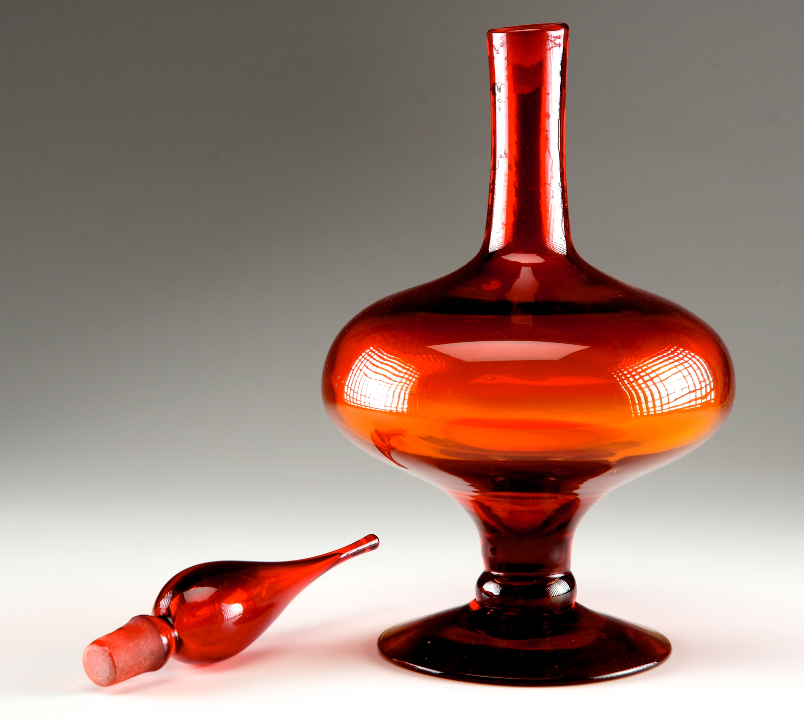 Vintage Handmade Art Glass Orange Red Vessel with Stopper