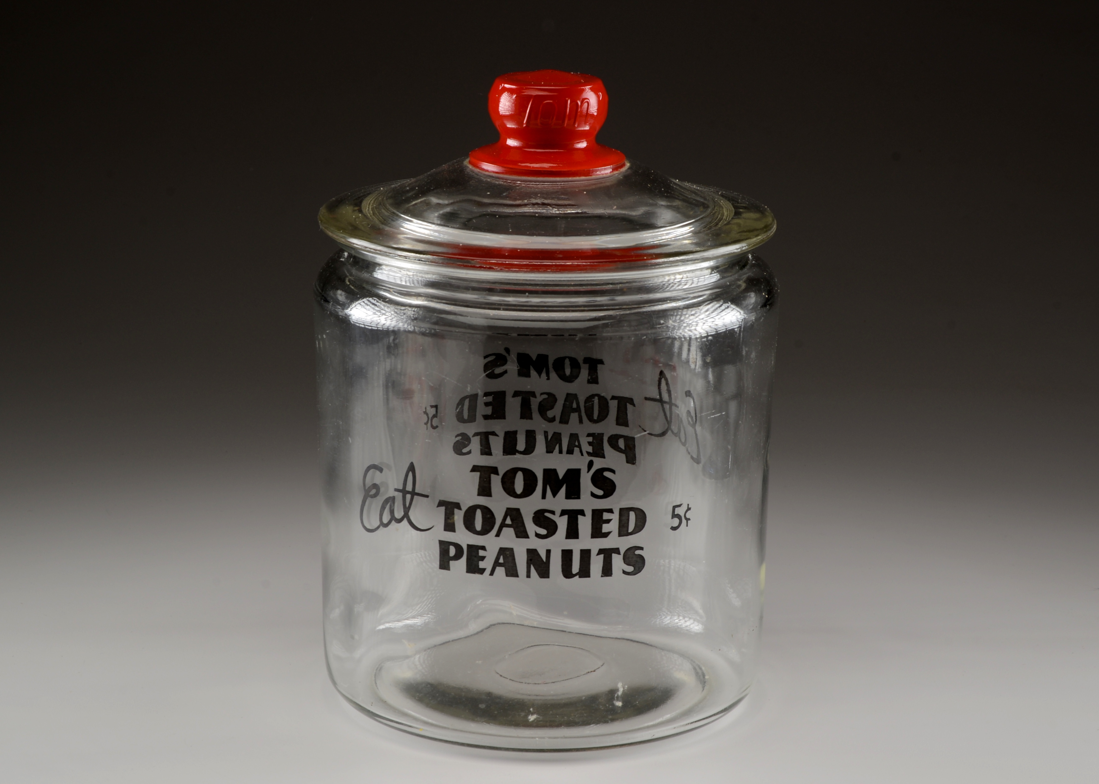 Vintage 'Tom's Toasted Peanuts' Glass Jar with Red Knob Lid