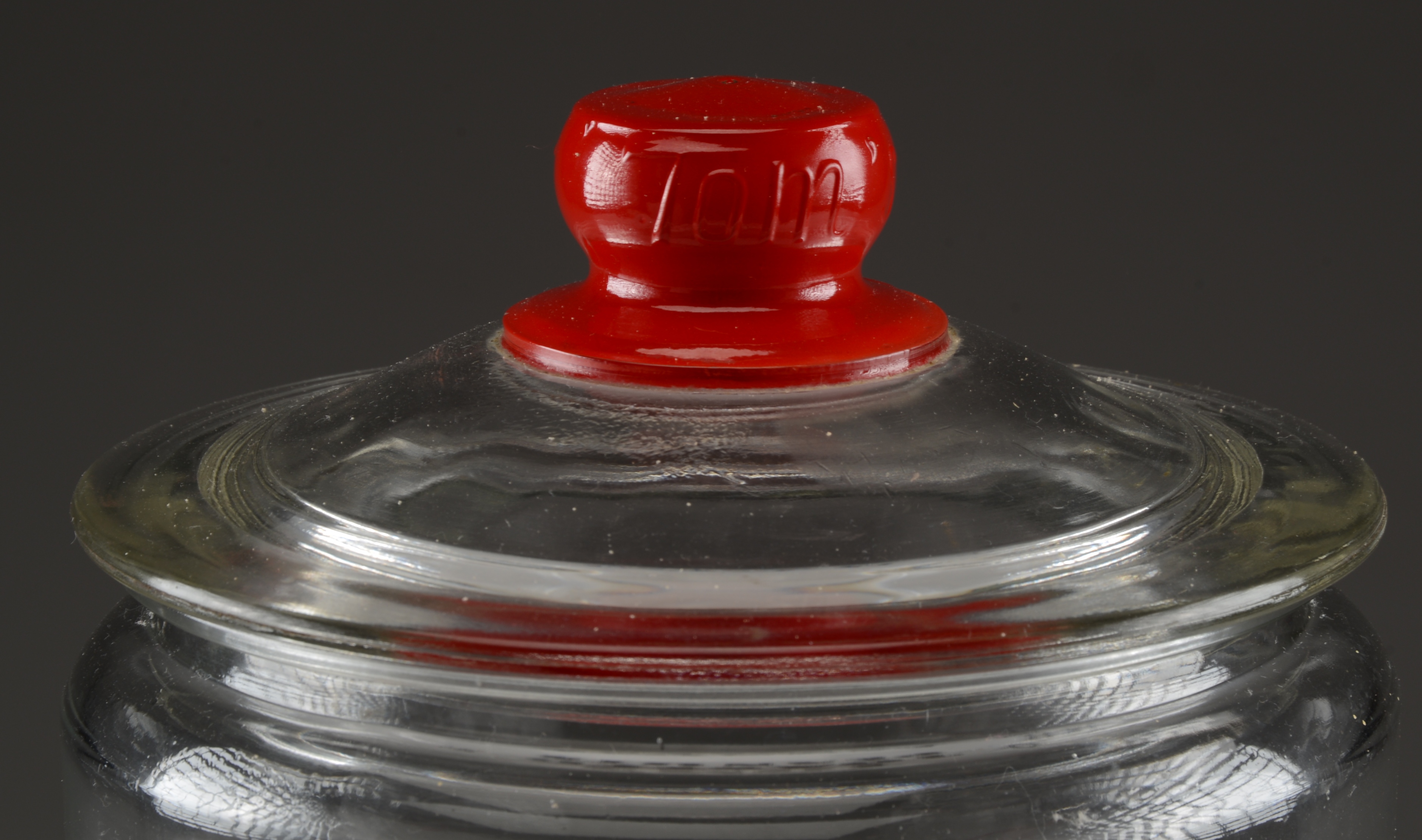 Vintage 'Tom's Toasted Peanuts' Glass Jar with Red Knob Lid