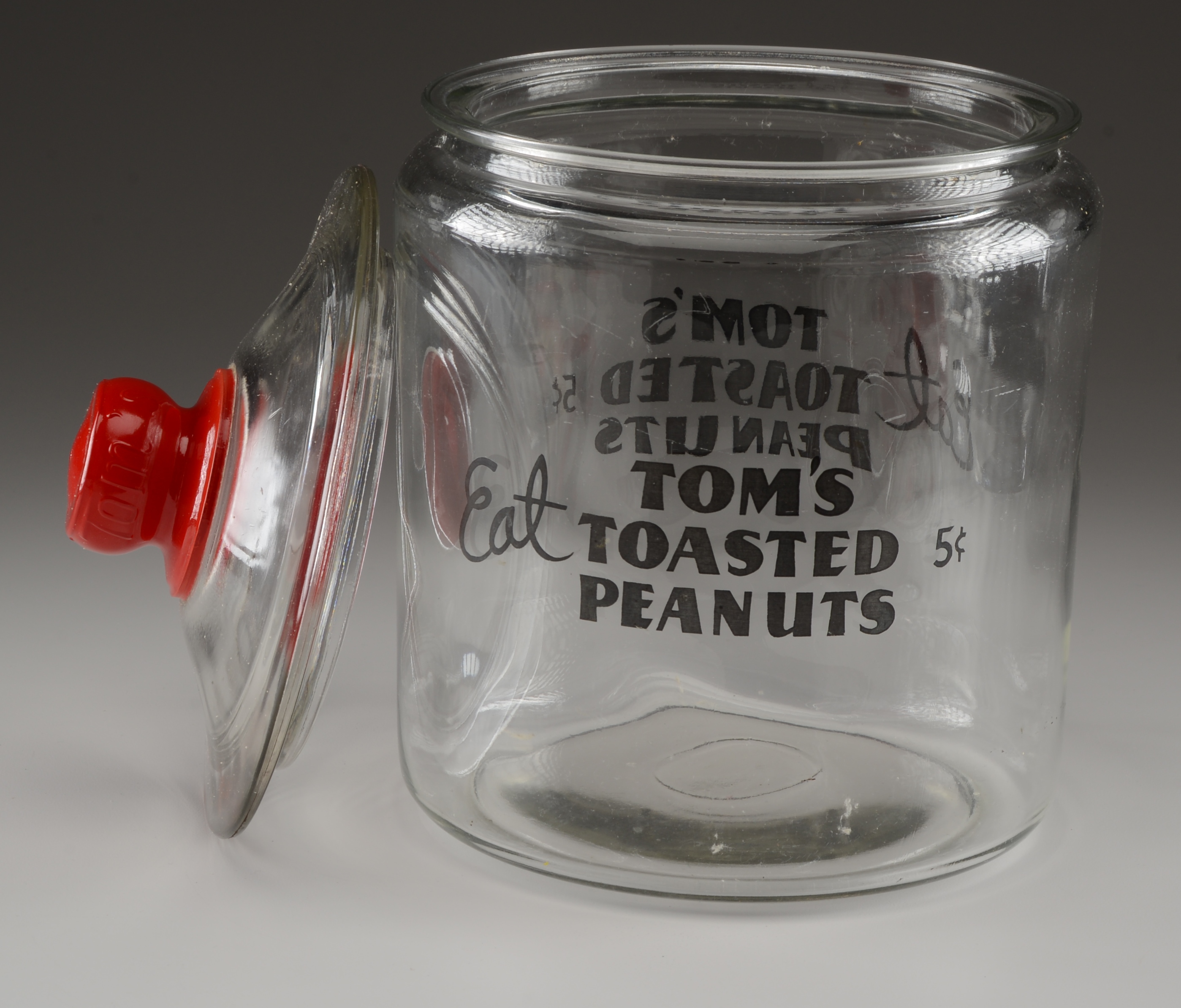 Vintage 'Tom's Toasted Peanuts' Glass Jar with Red Knob Lid